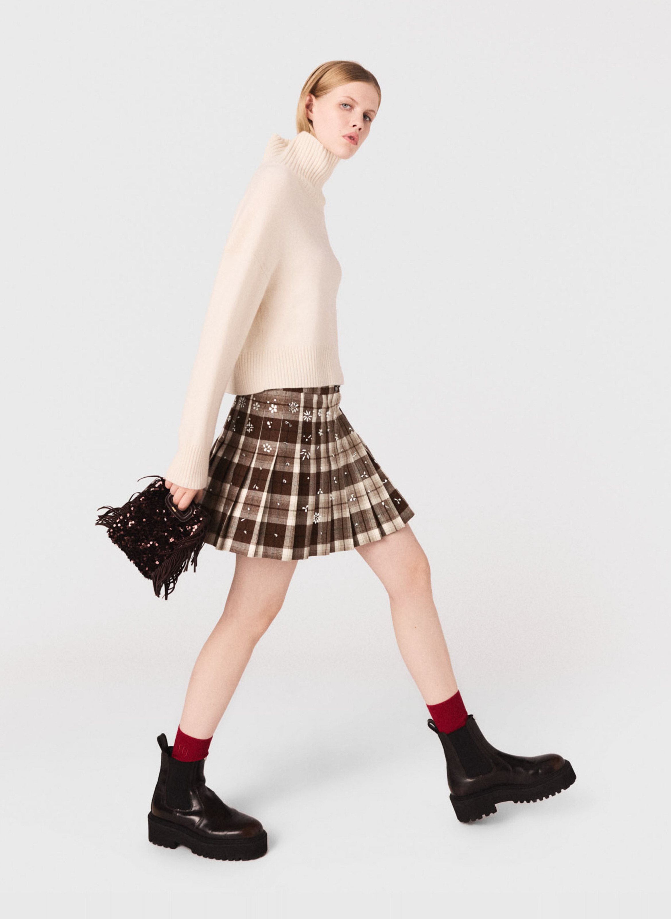 Jupe courte plissée en coton mélangé MAJE Marron