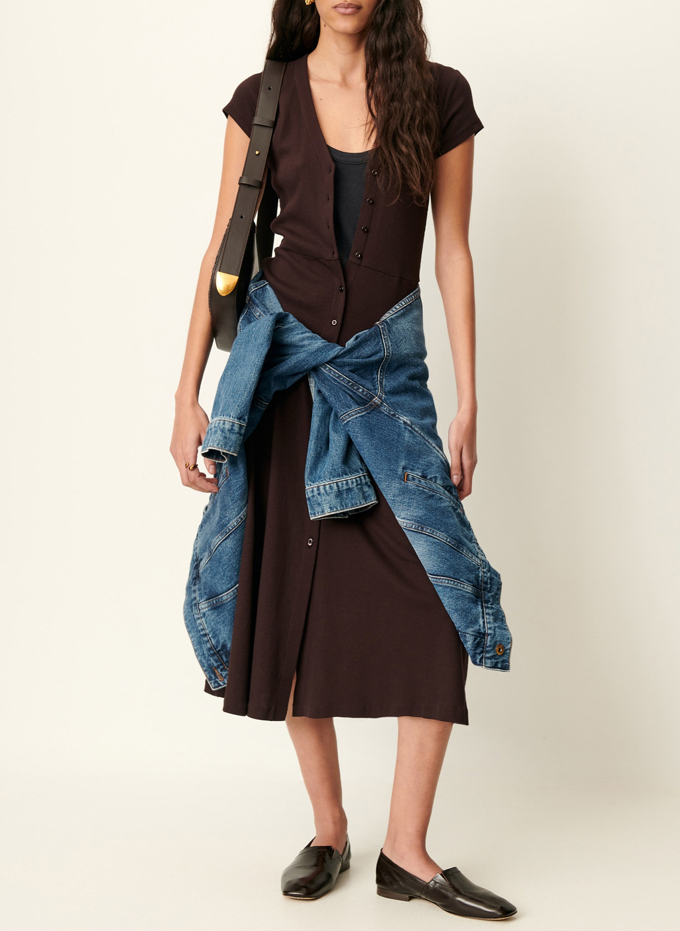 Robe midi droite encolure v en coton bio mélangé nea SESSUN Marron