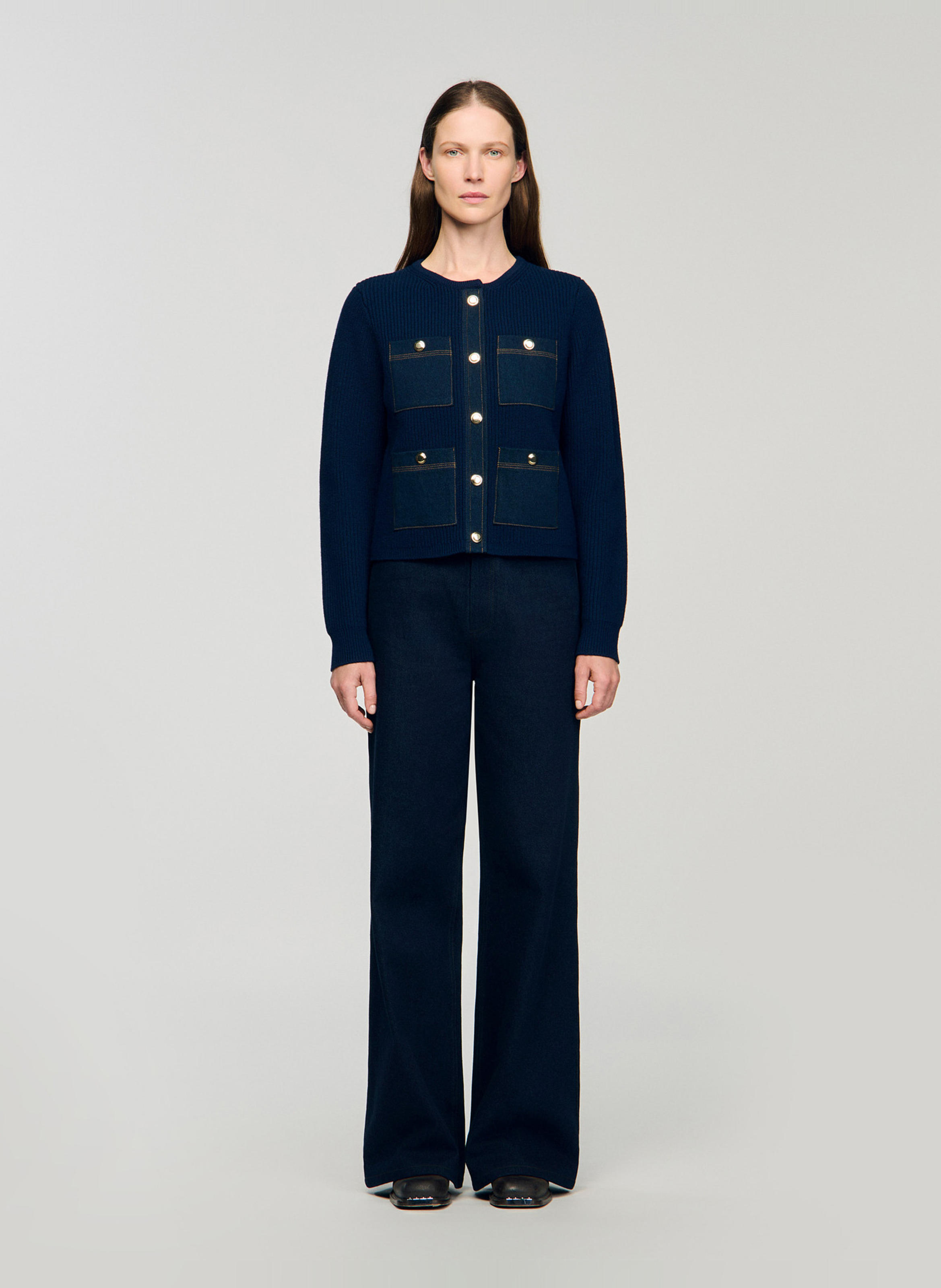 Cardigan uni à poches en laine Bleu