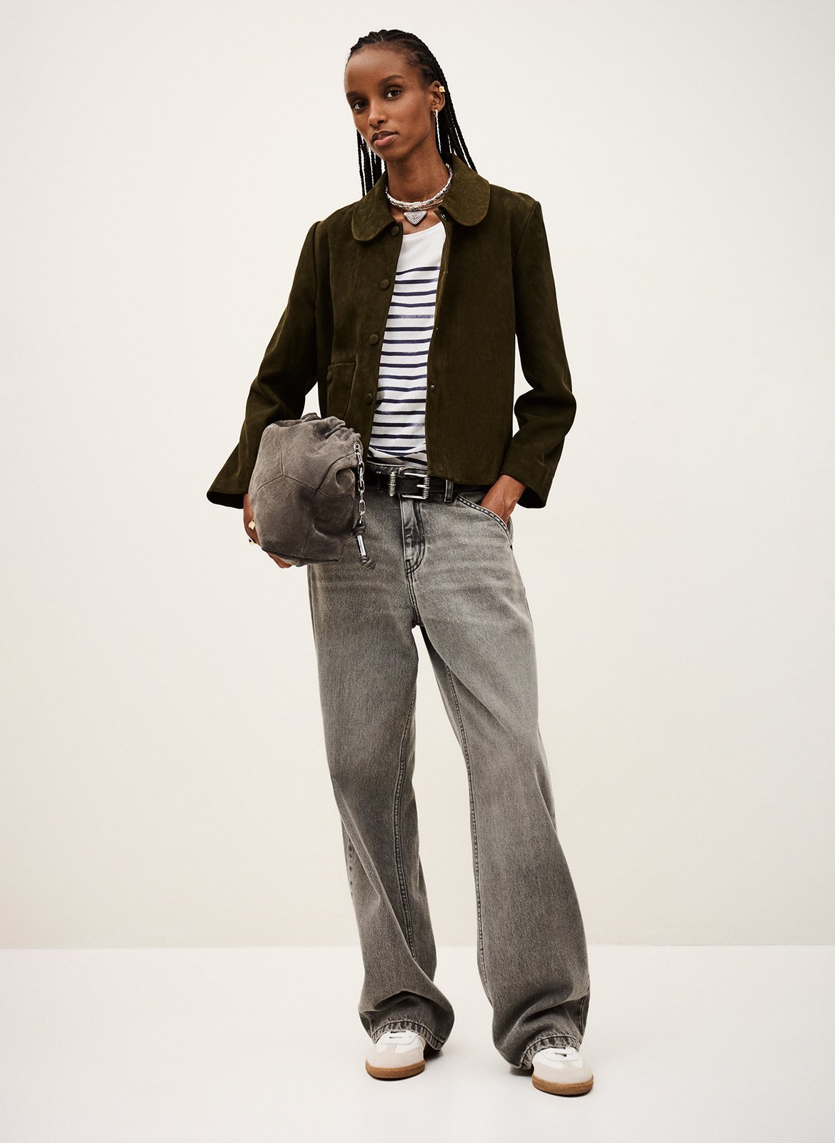 Veste courte en cuir velours milas BA&SH Kaki