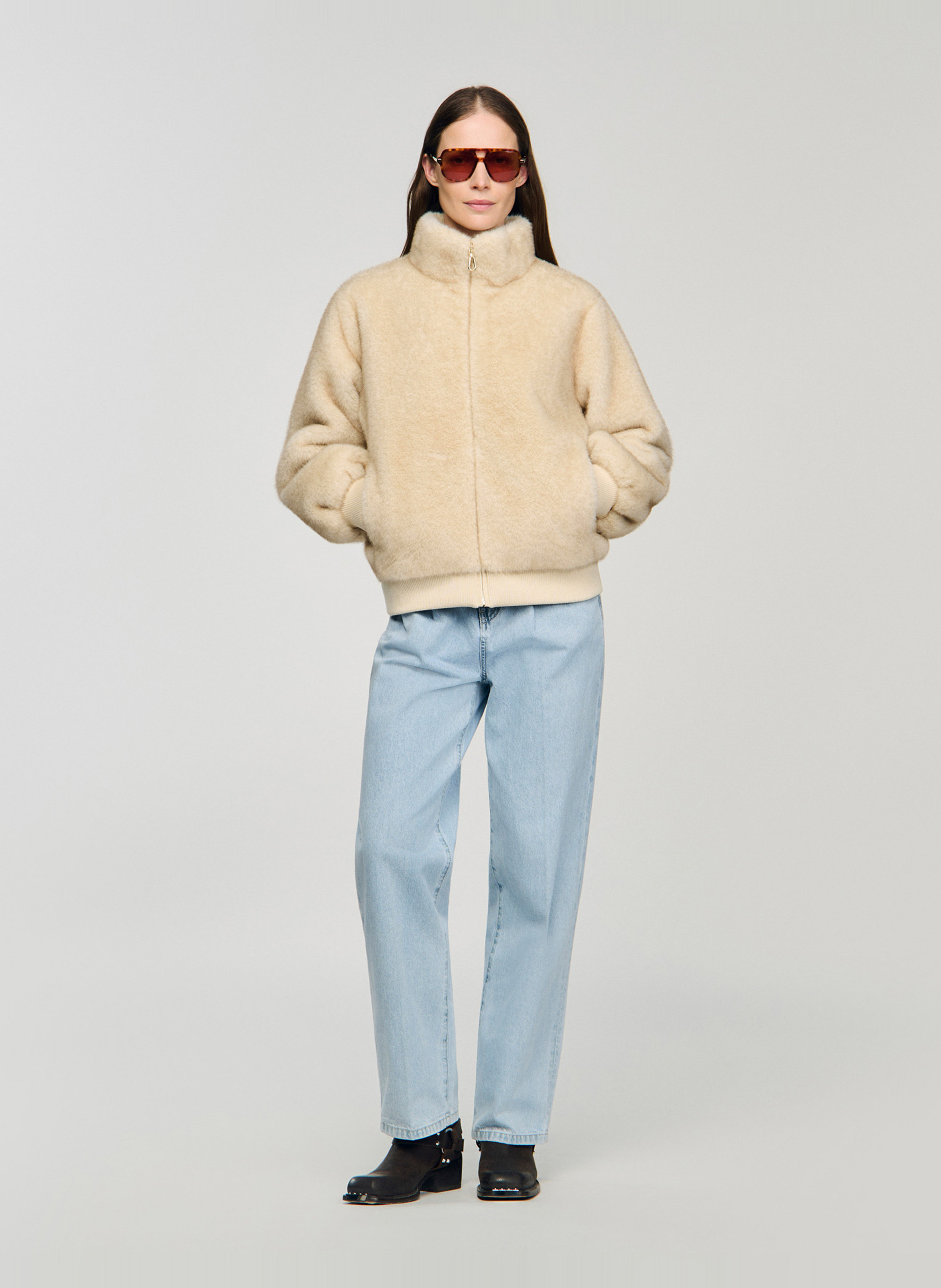 Veste col montant en fourrure synthetique SANDRO Beige