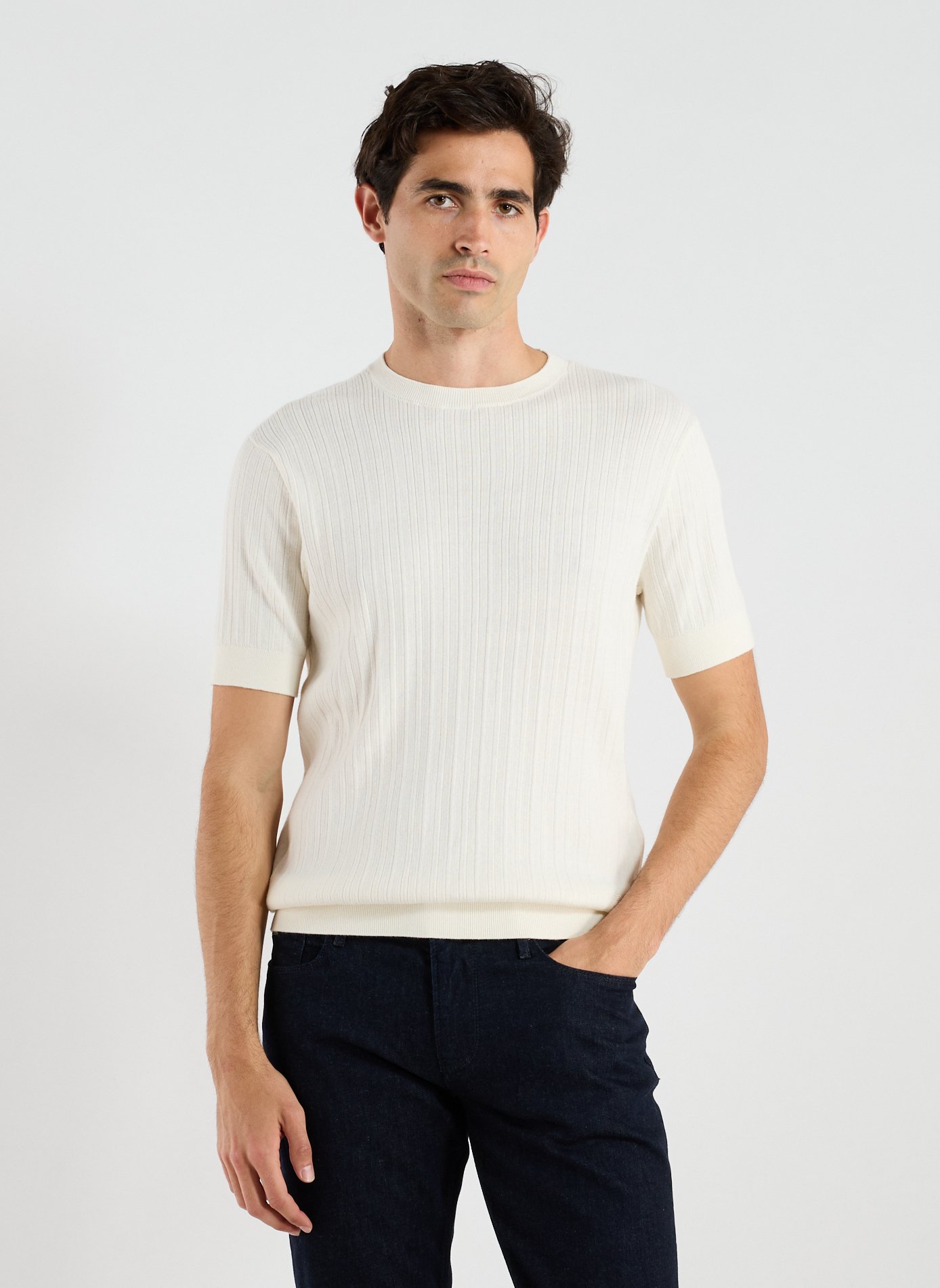 EMPORIO ARMANI T-shirt col rond en coton et cachemire Beige