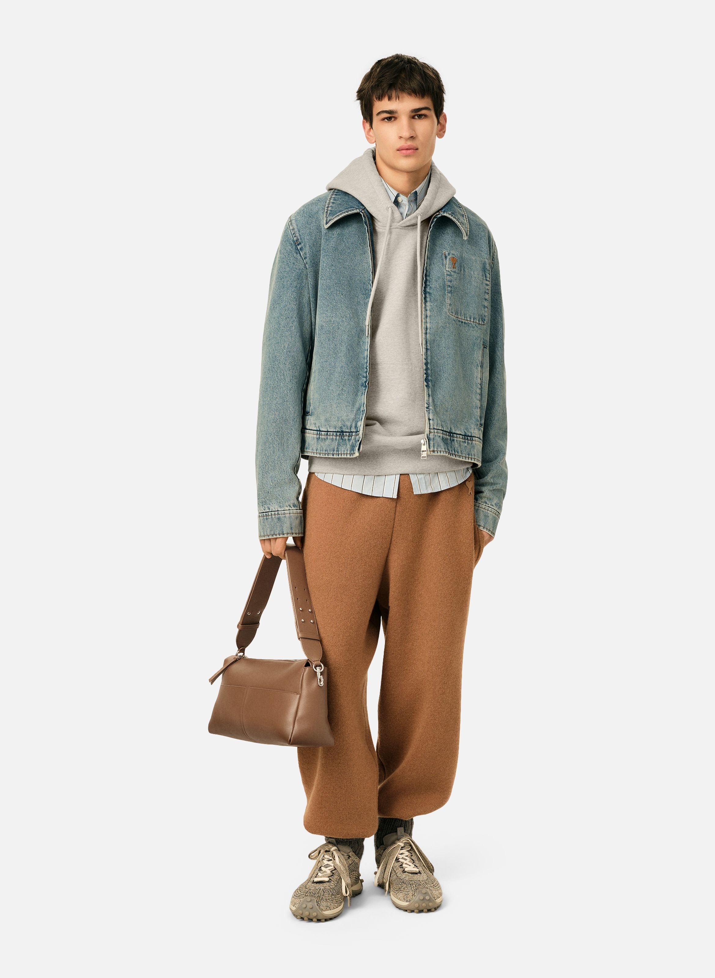 Sac zippé carrousel unisexe en cuir de veau AMI PARIS Marron