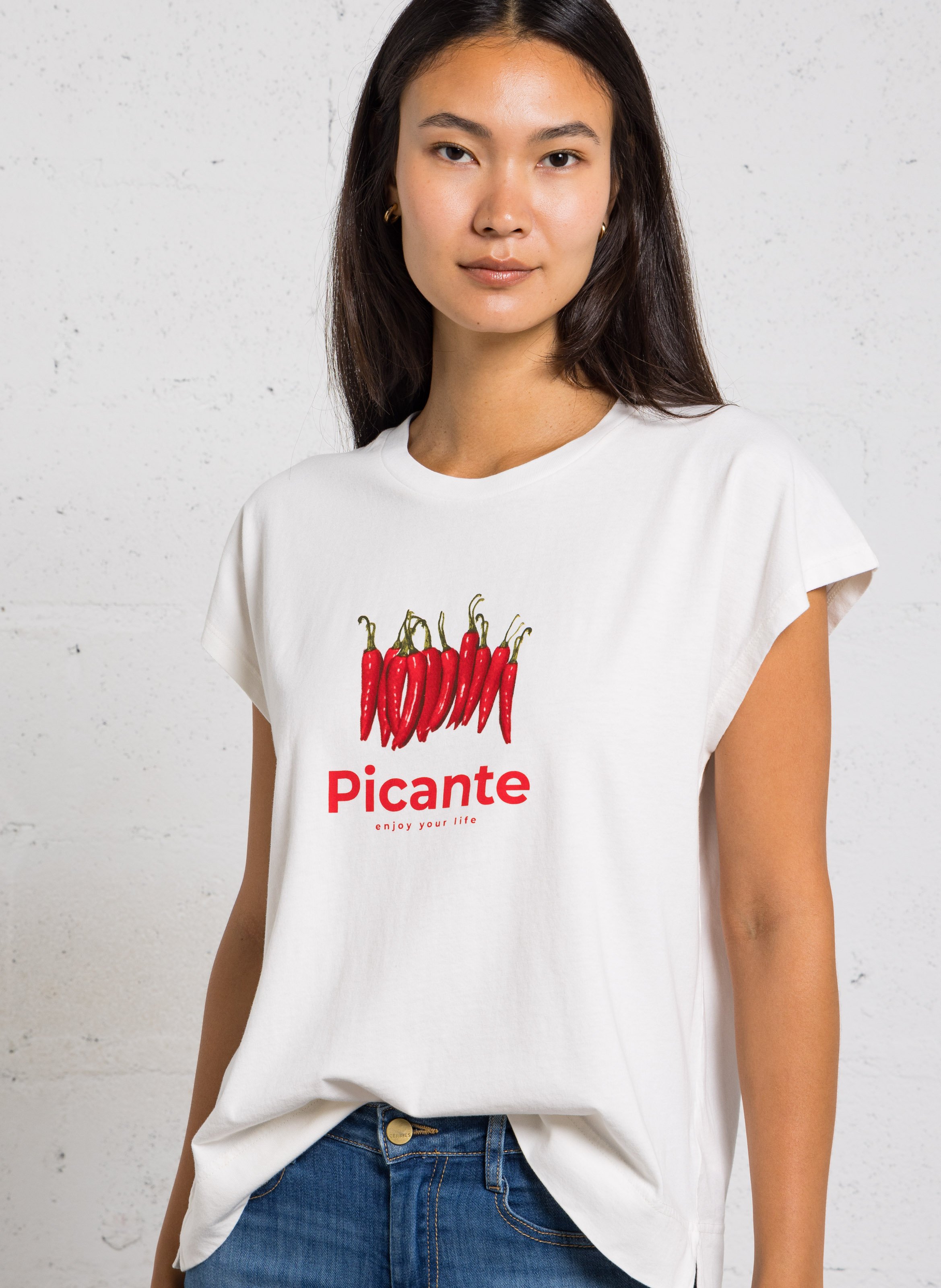 Tee-shirt sans manches ample col rond imprimé en coton IKKS Blanc