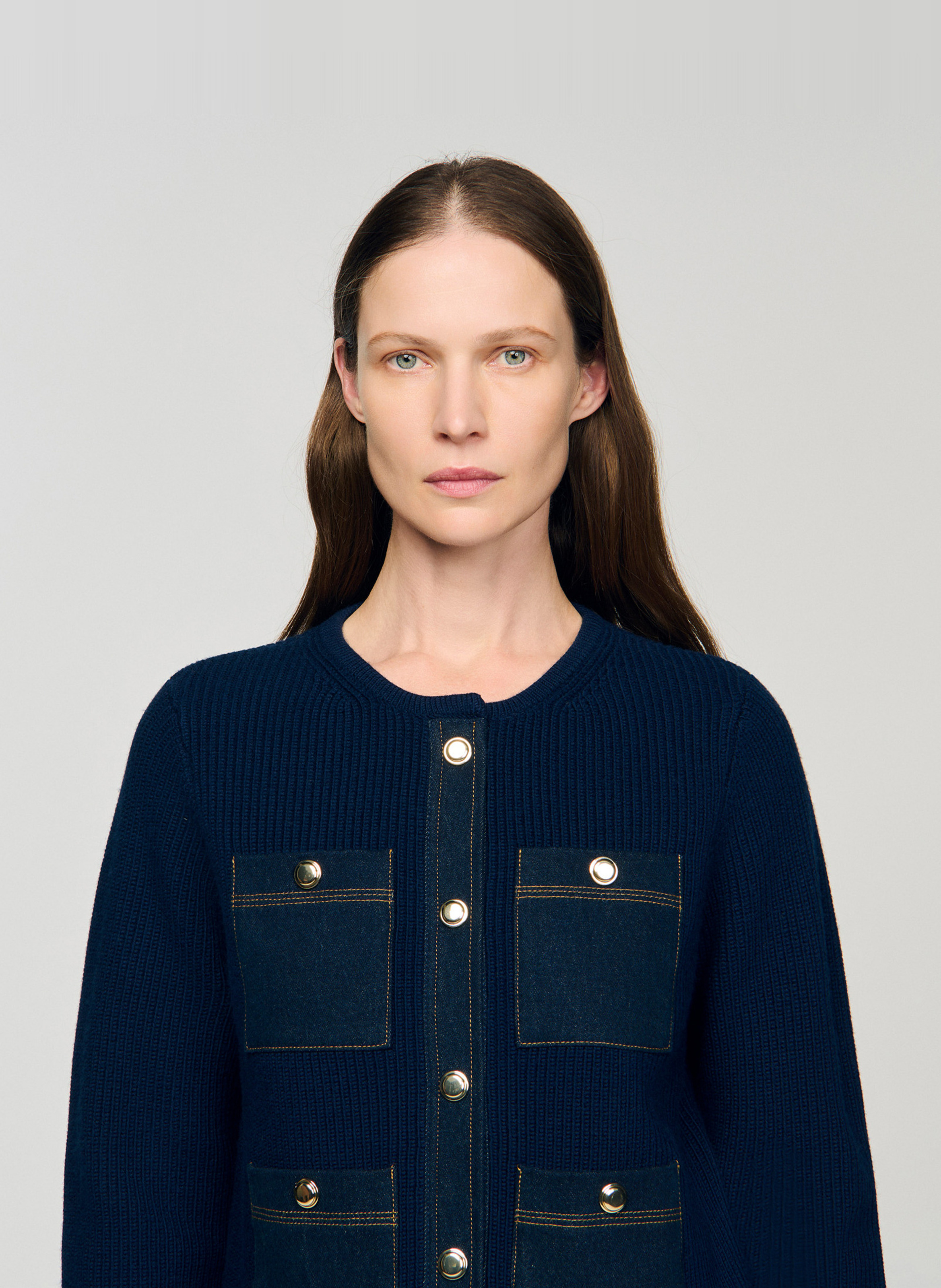 Cardigan uni à poches en laine Bleu