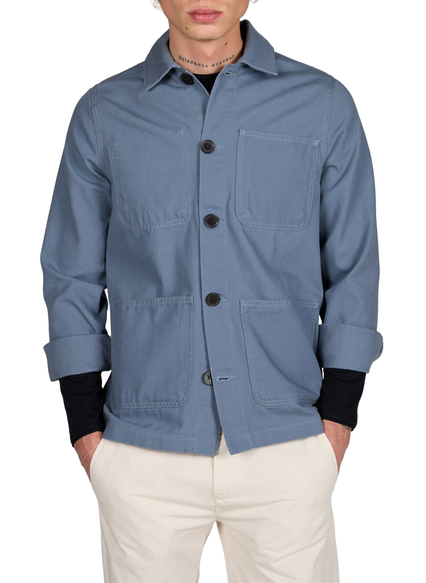 Solid color straight buttoned cotton jacket LAFAURIE Blue