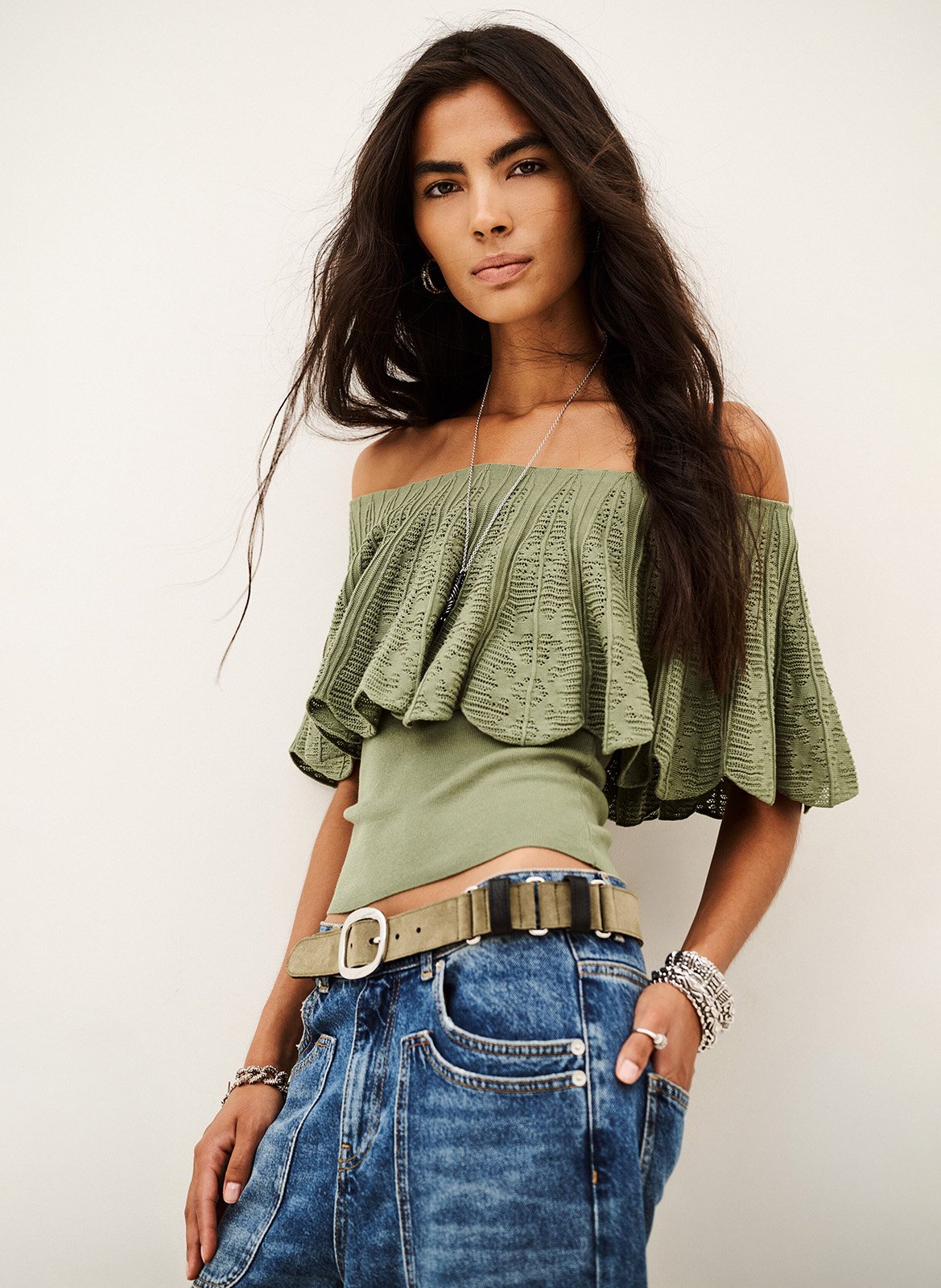 Top met off-shoulder design in luchtige katoenmix salda BA&SH Kaki
