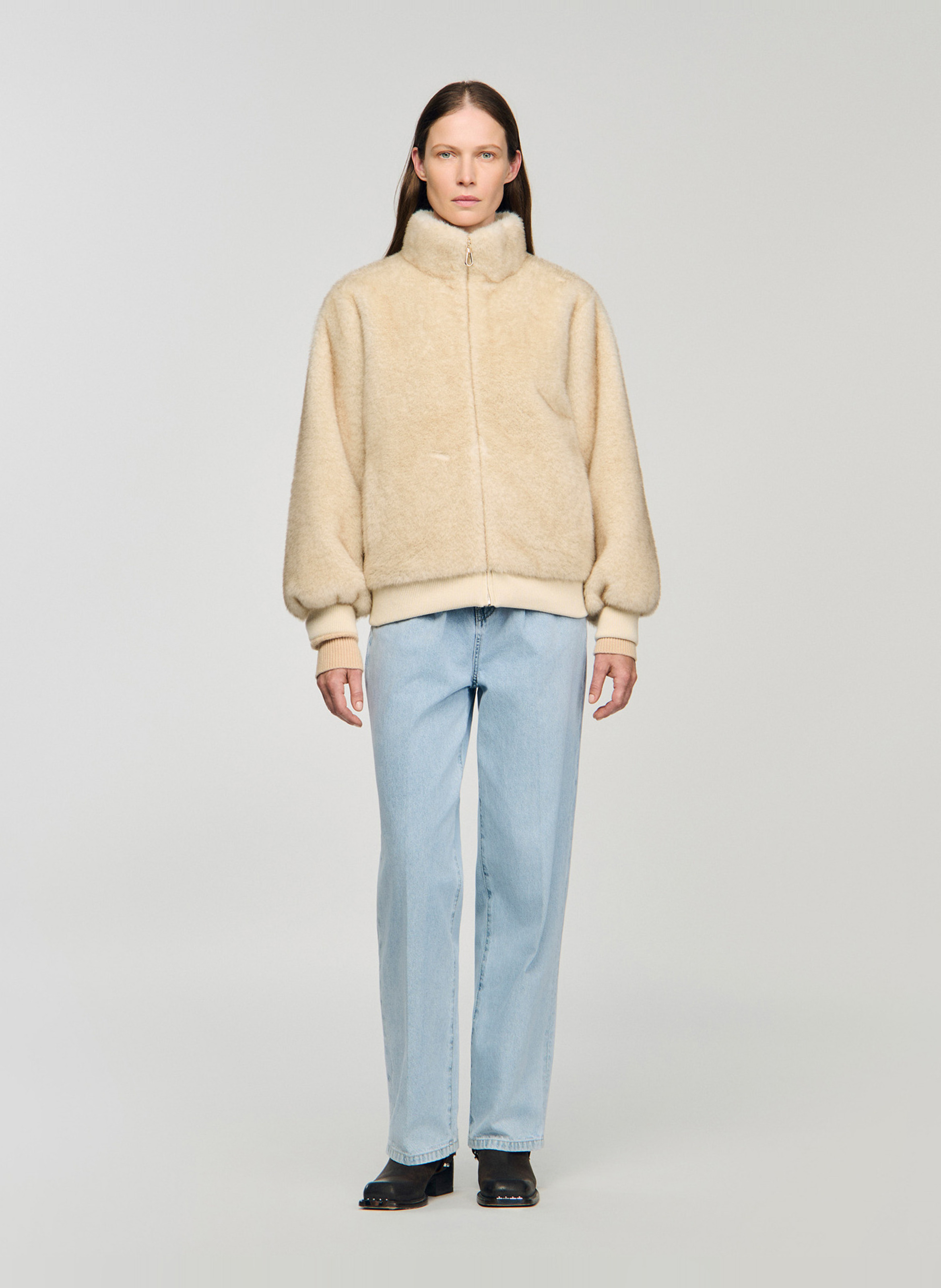 Veste col montant en fourrure synthetique SANDRO Beige