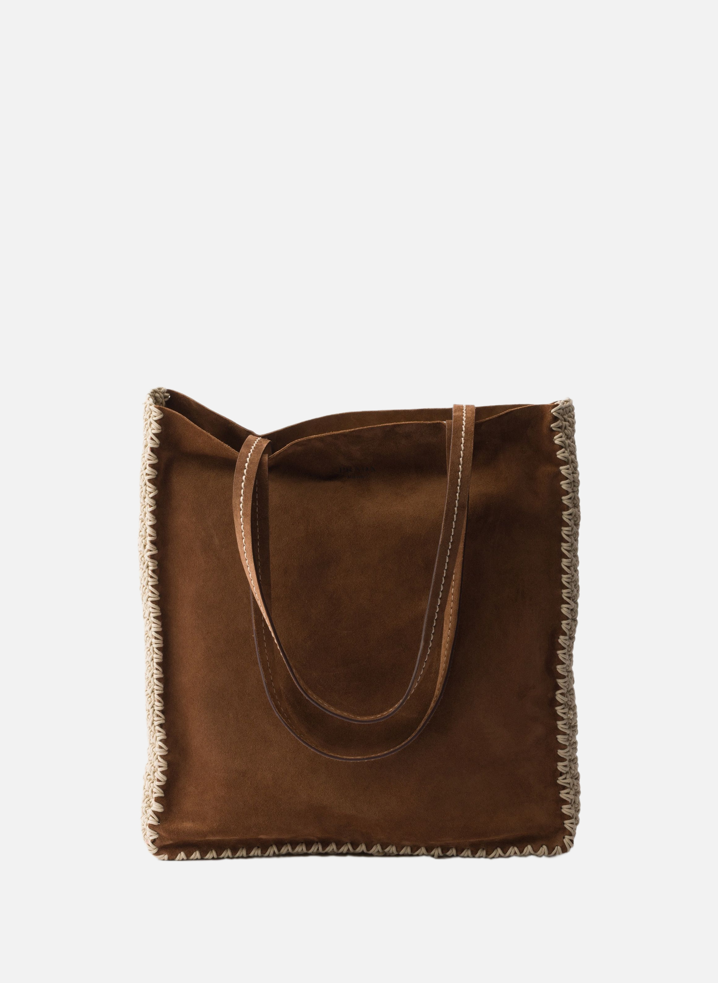 Grand cabas en daim et crochet PRADA Marron
