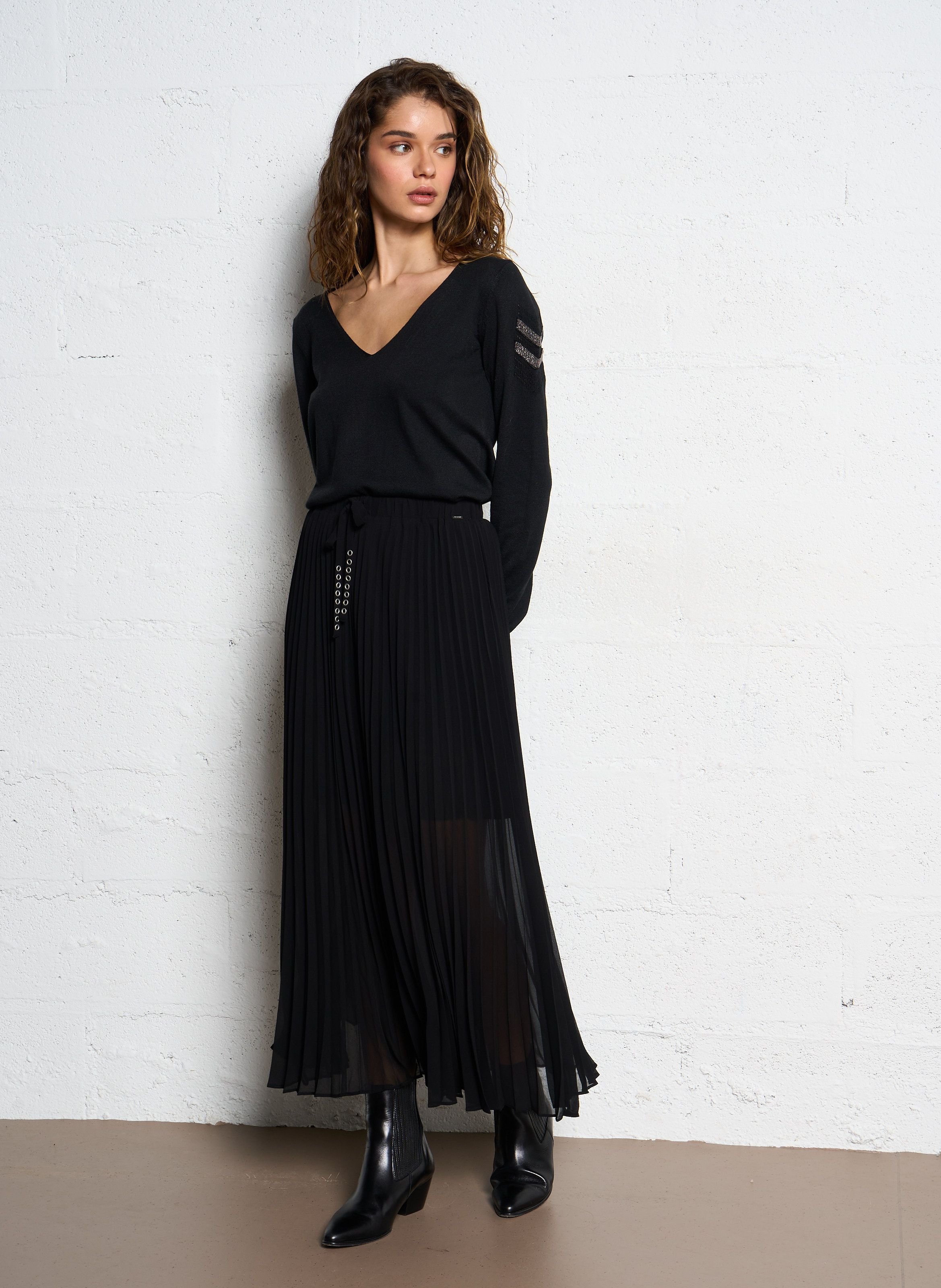 Jupe longue plissée en crêpe IKKS Noir