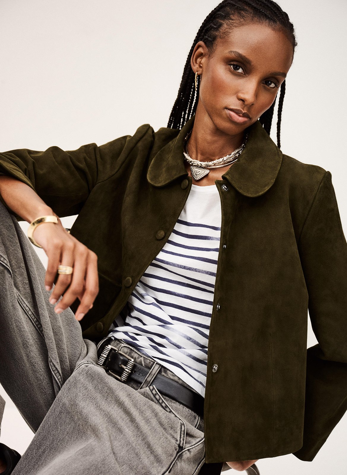 Veste courte en cuir velours milas BA&SH Kaki