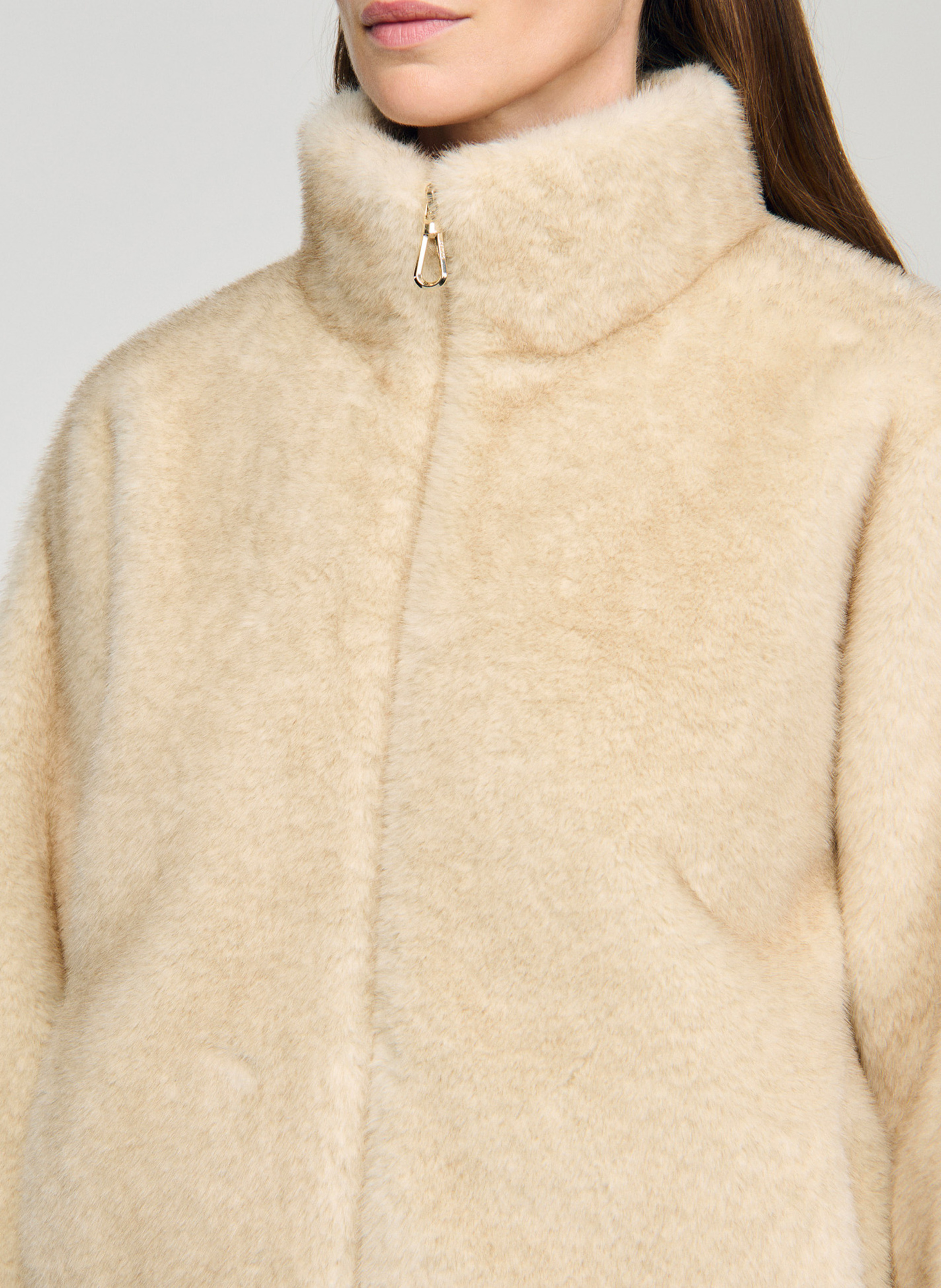 Veste col montant en fourrure synthetique SANDRO Beige
