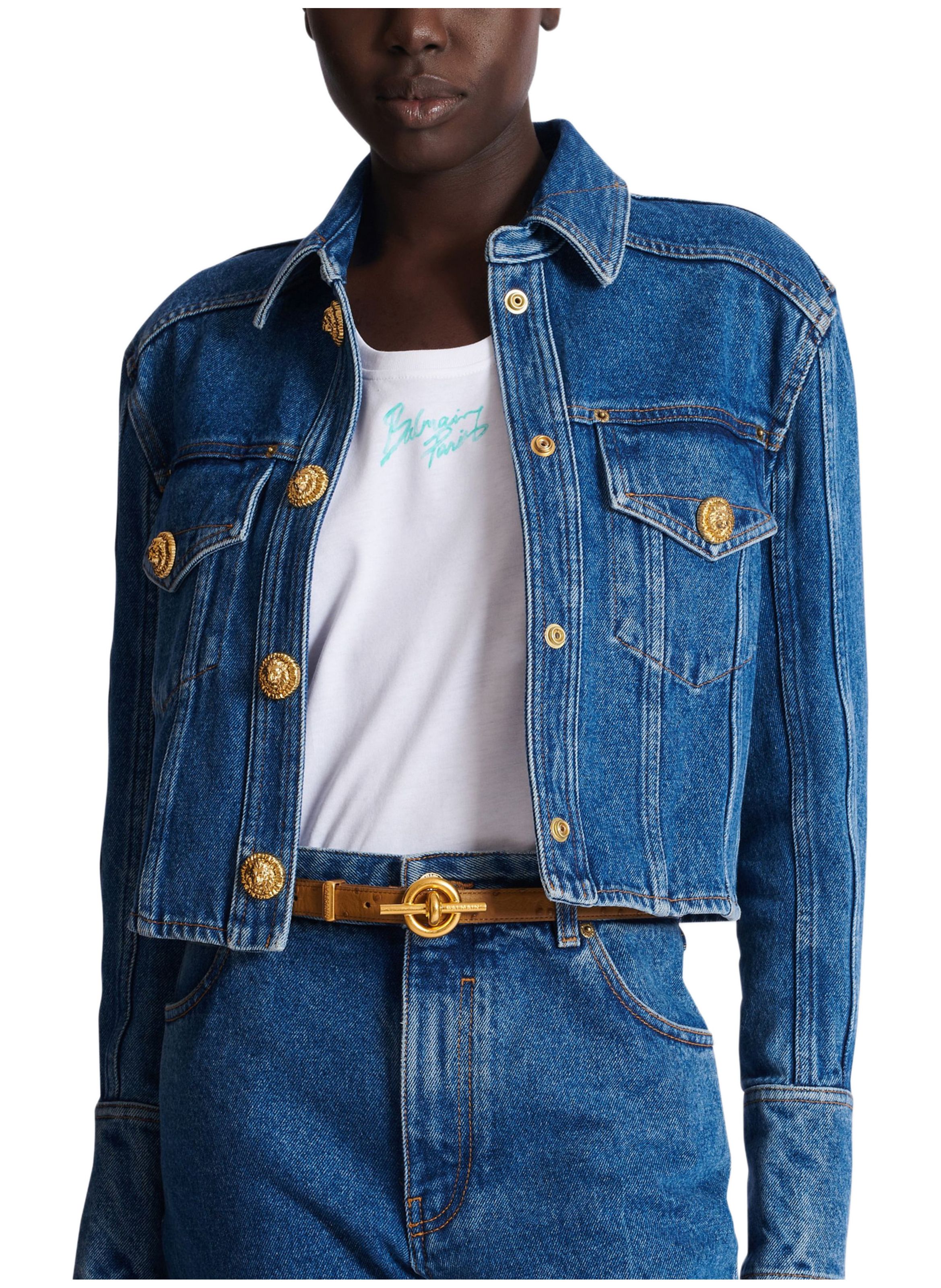 Ceinture t-bar en cuir de veau embossé BALMAIN Marron