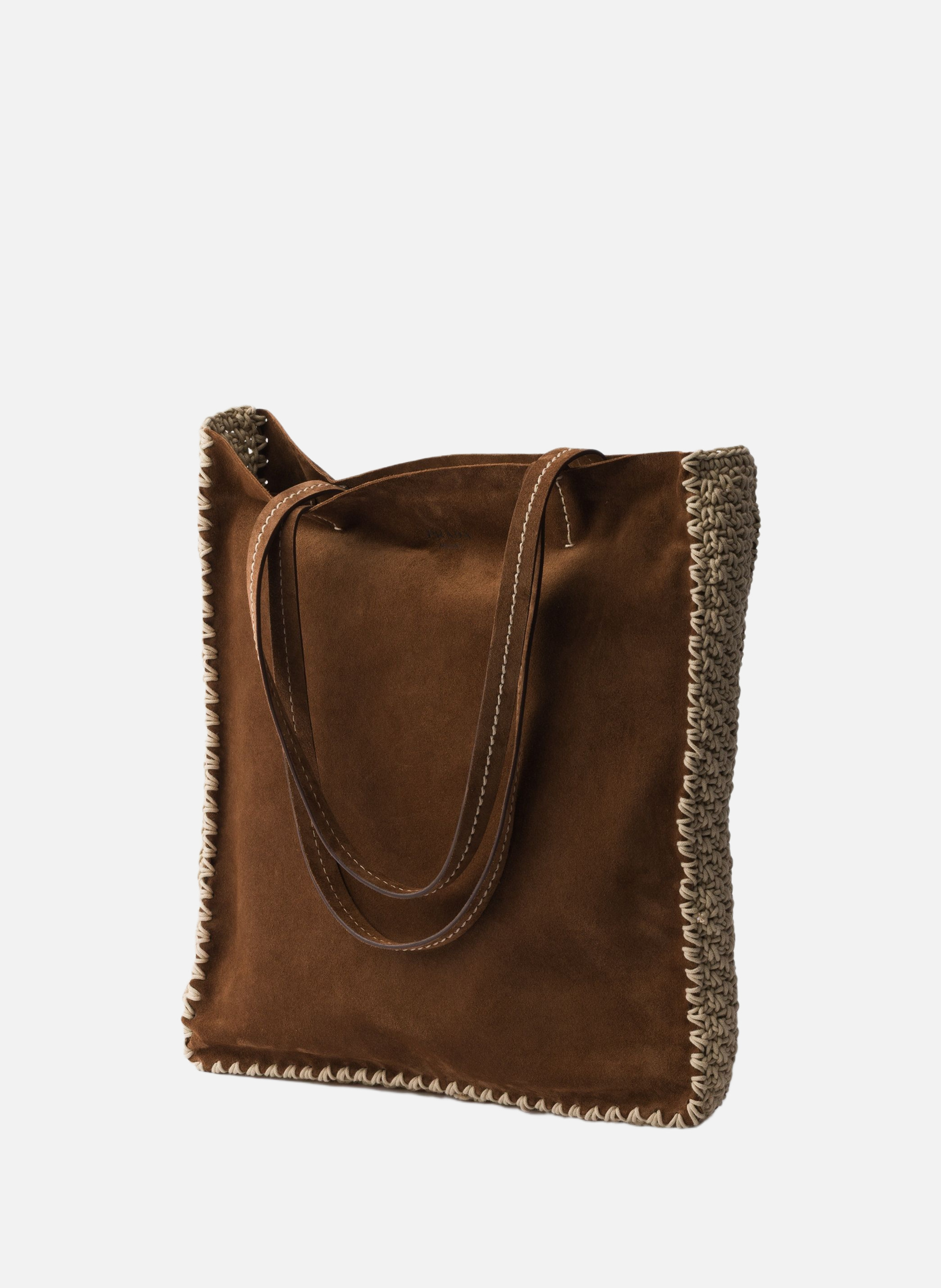 Grand cabas en daim et crochet PRADA Marron