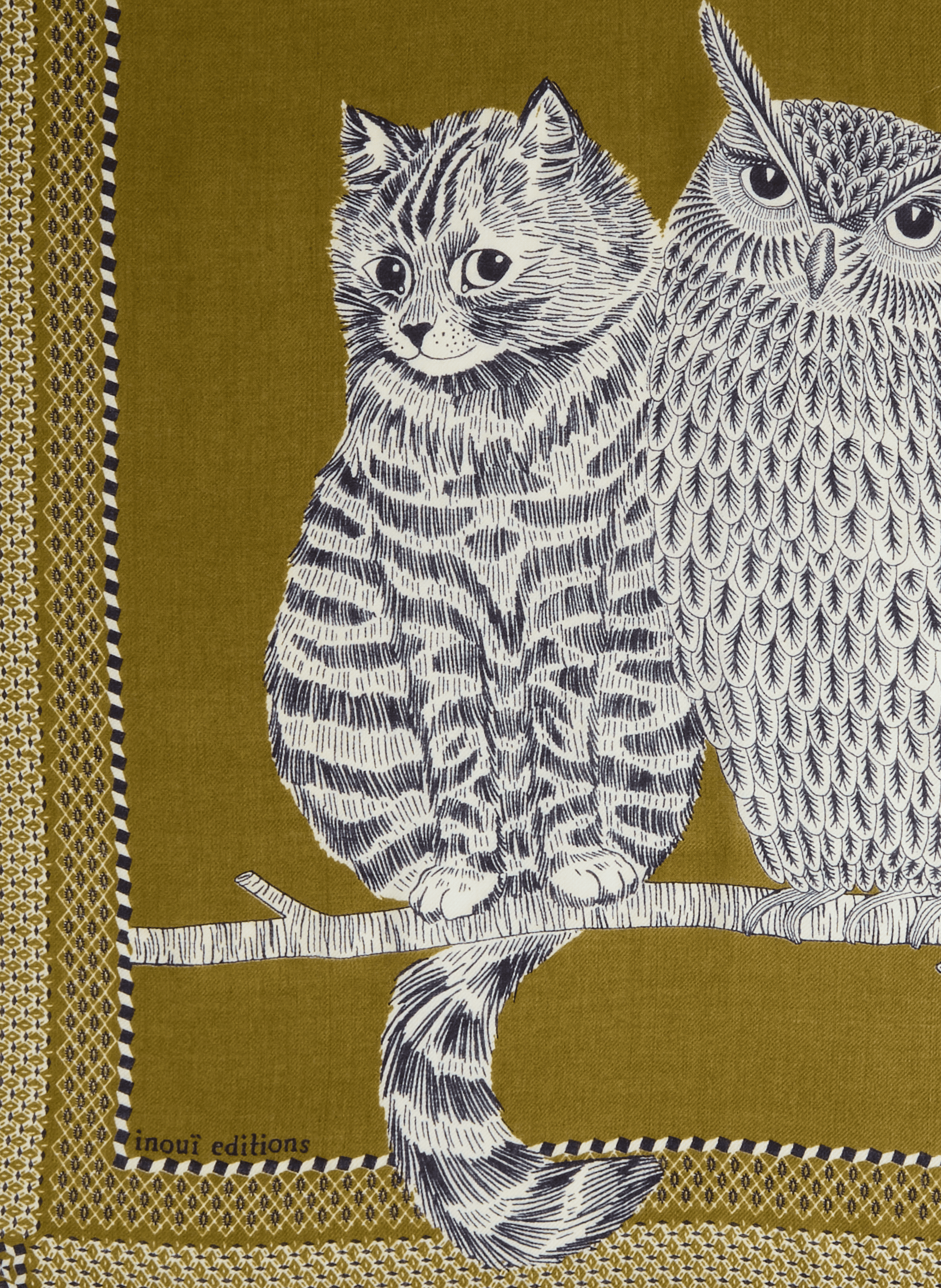 Printed OWL wool scarf INOUI EDITIONS Khaki