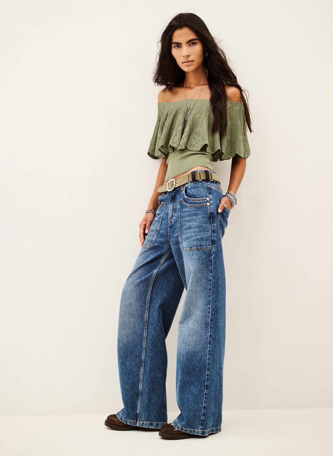 Top met off-shoulder design in luchtige katoenmix salda BA&SH Kaki