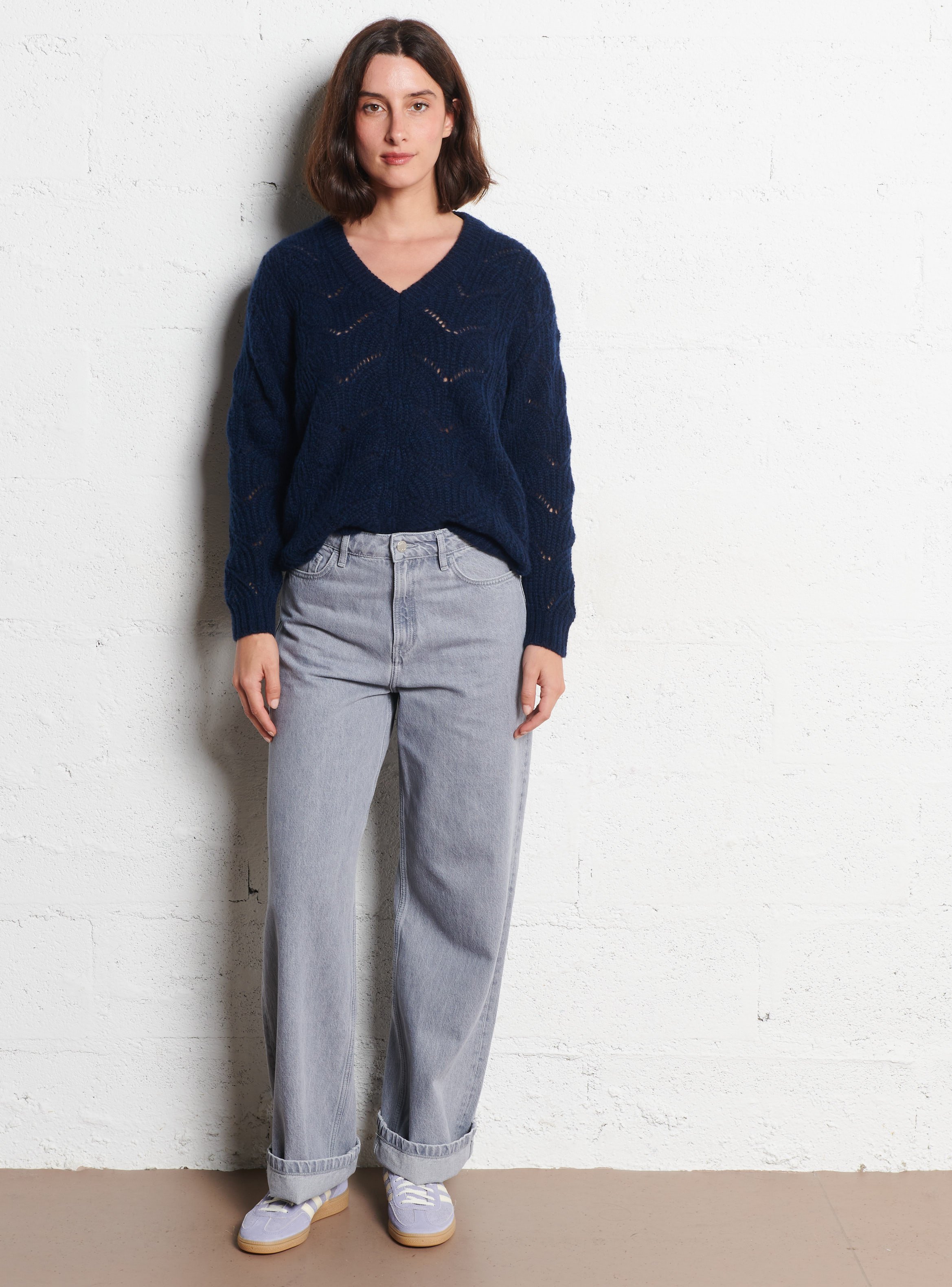 Pull droit col v ajouré en laine mélangée deauville ARMOR-LUX Bleu