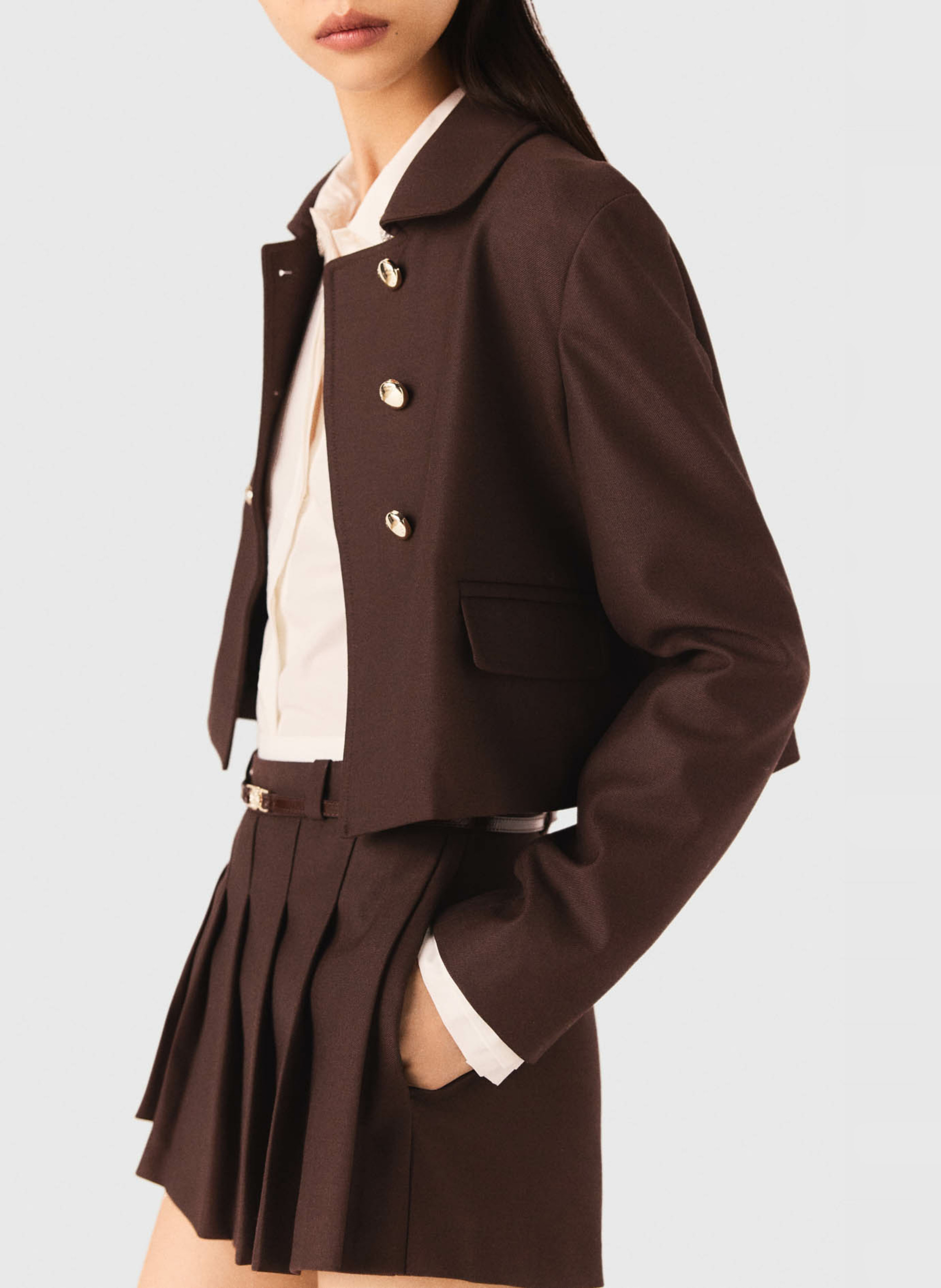 Veste courte droite col classique Marron