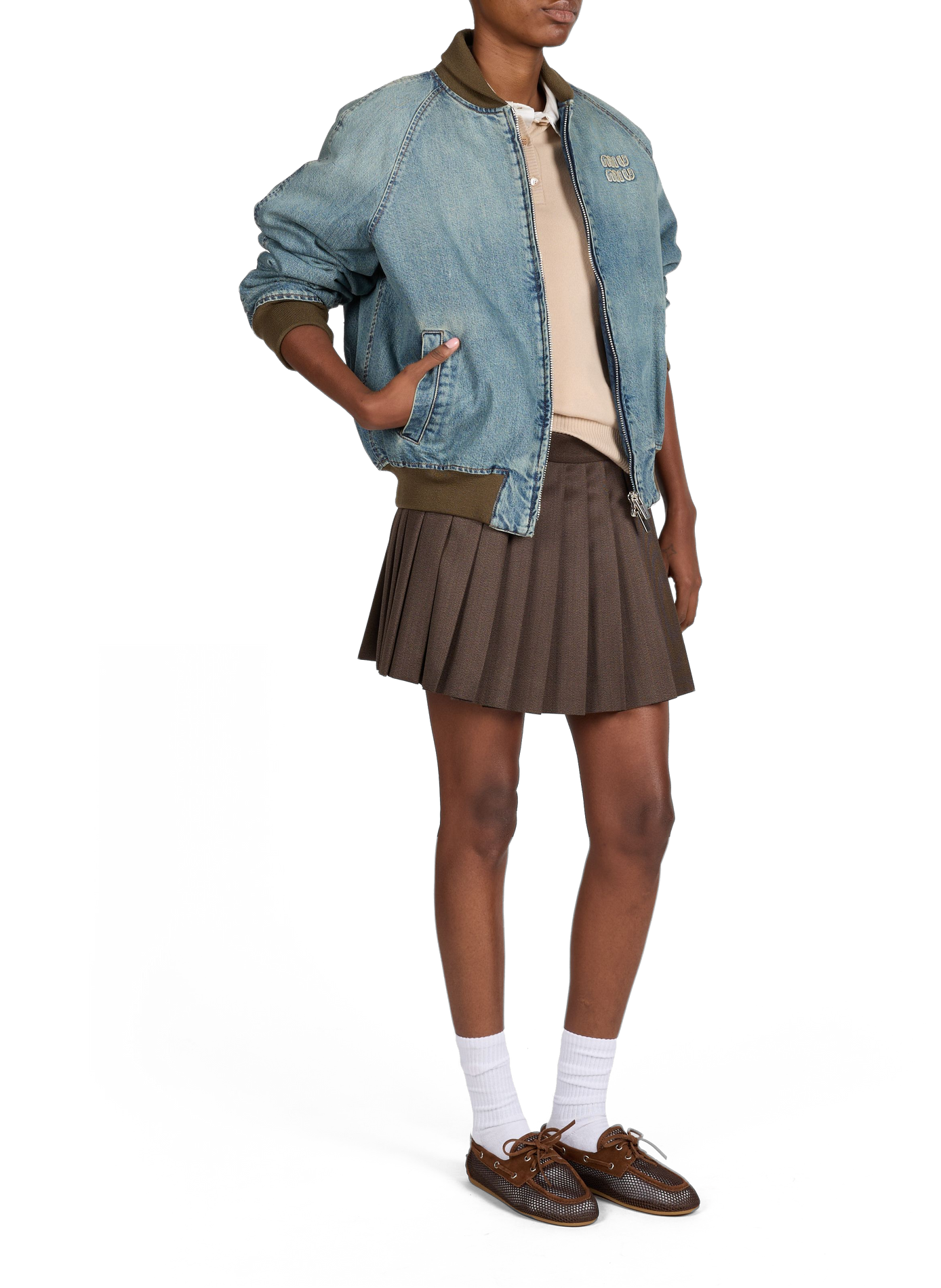 Jupe courte plissée en laine vierge MIU MIU Marron