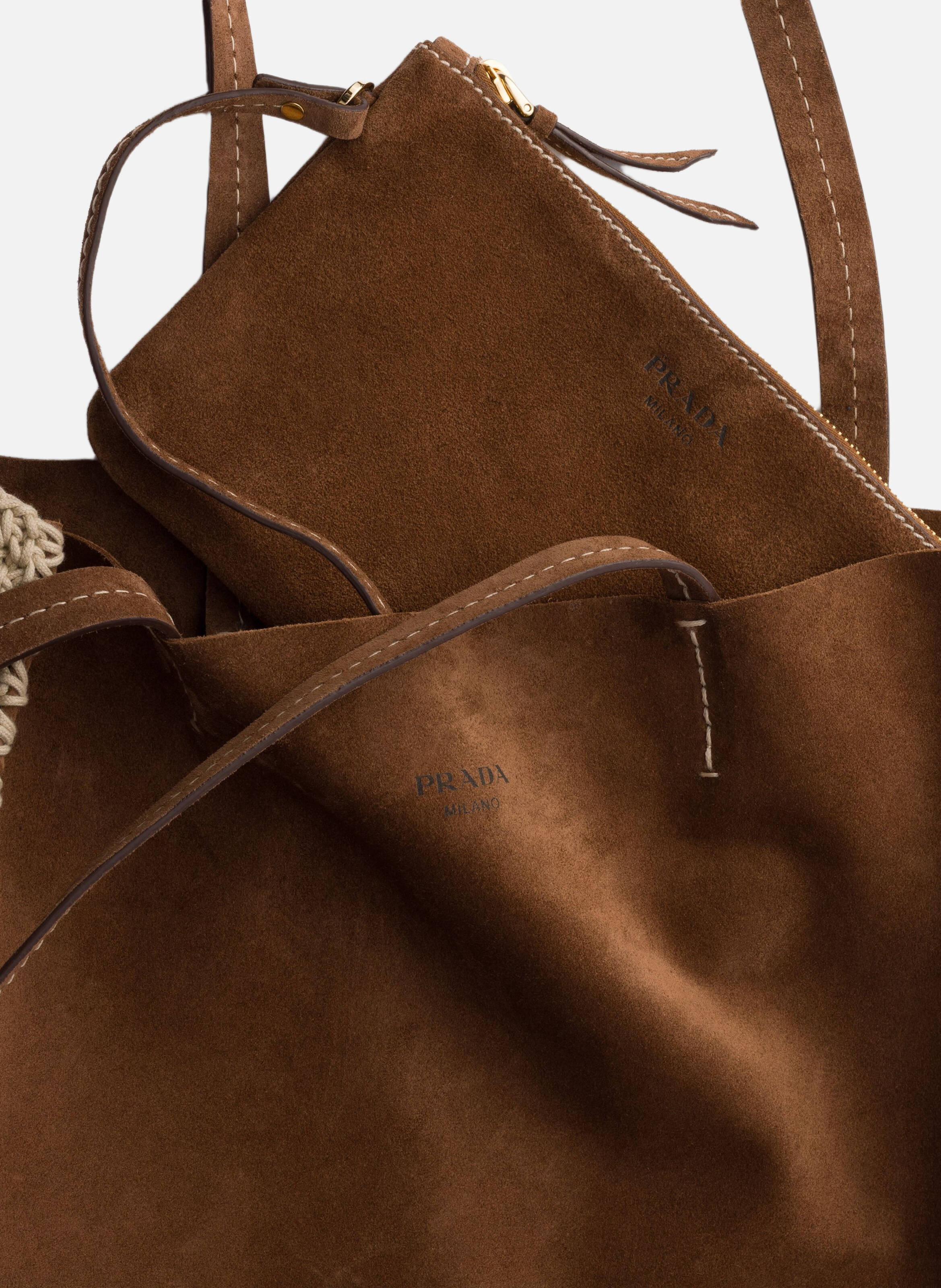 Grand cabas en daim et crochet PRADA Marron