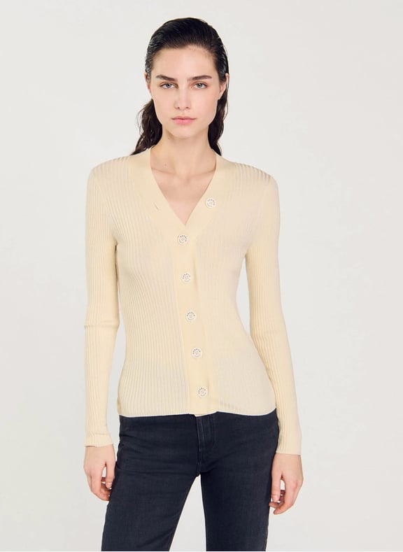 Gilet col v boutonné en maille côtelée Blanc by SANDRO SANDRO Gilet col v boutonné en maille côtelée Blanc