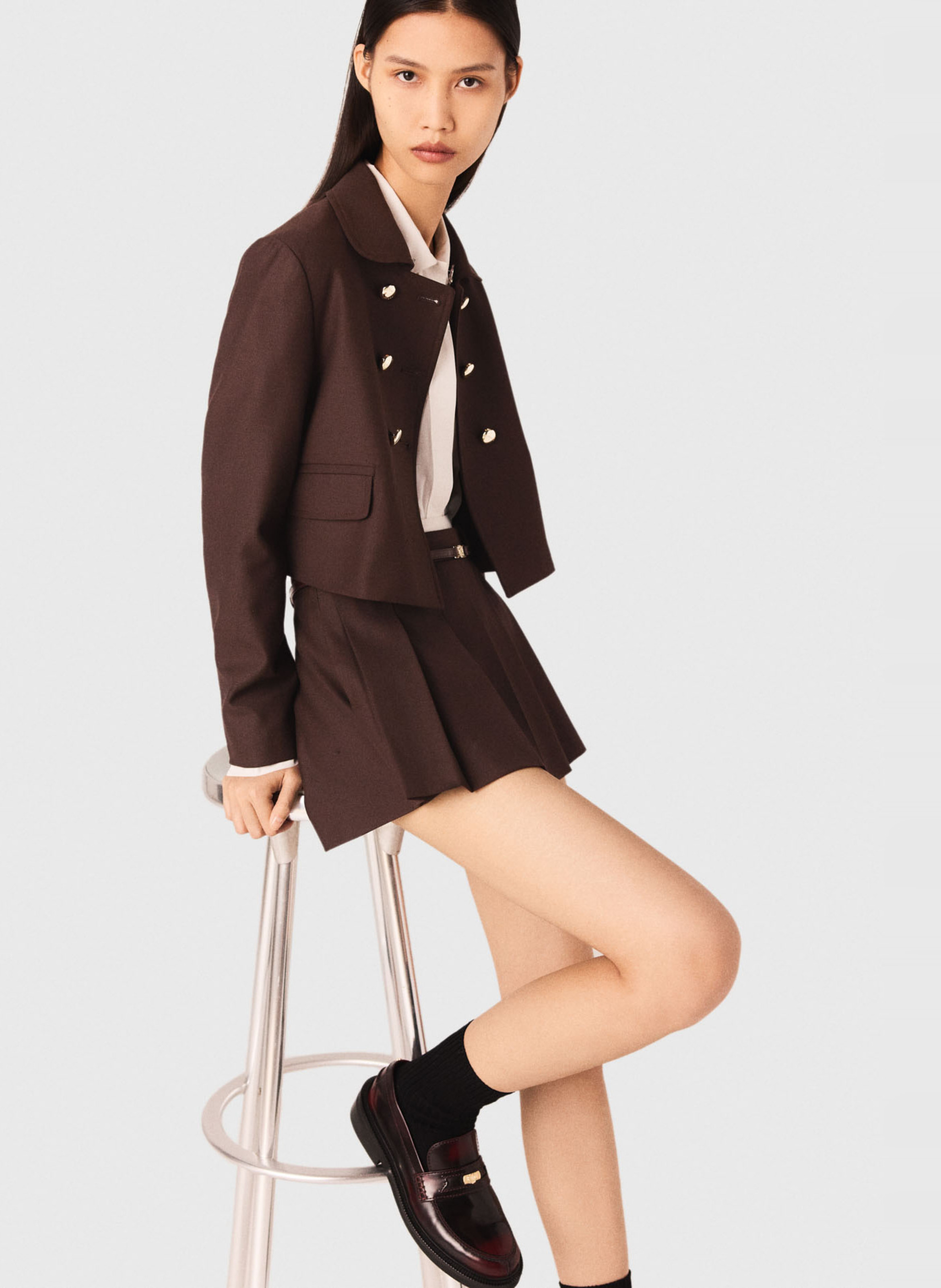 Veste courte droite col classique Marron