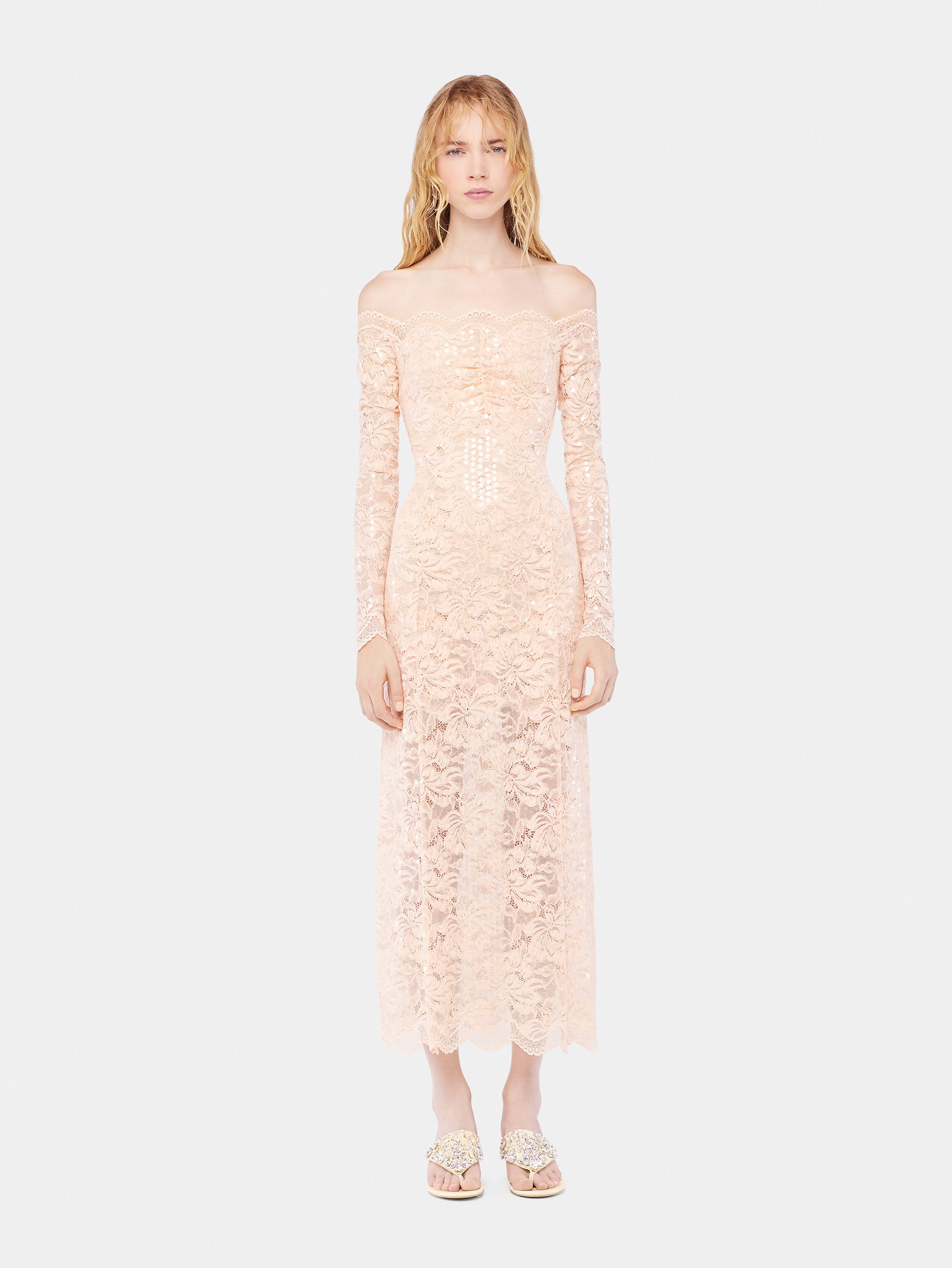 Robe midi en dentelle brodée RABANNE Rose