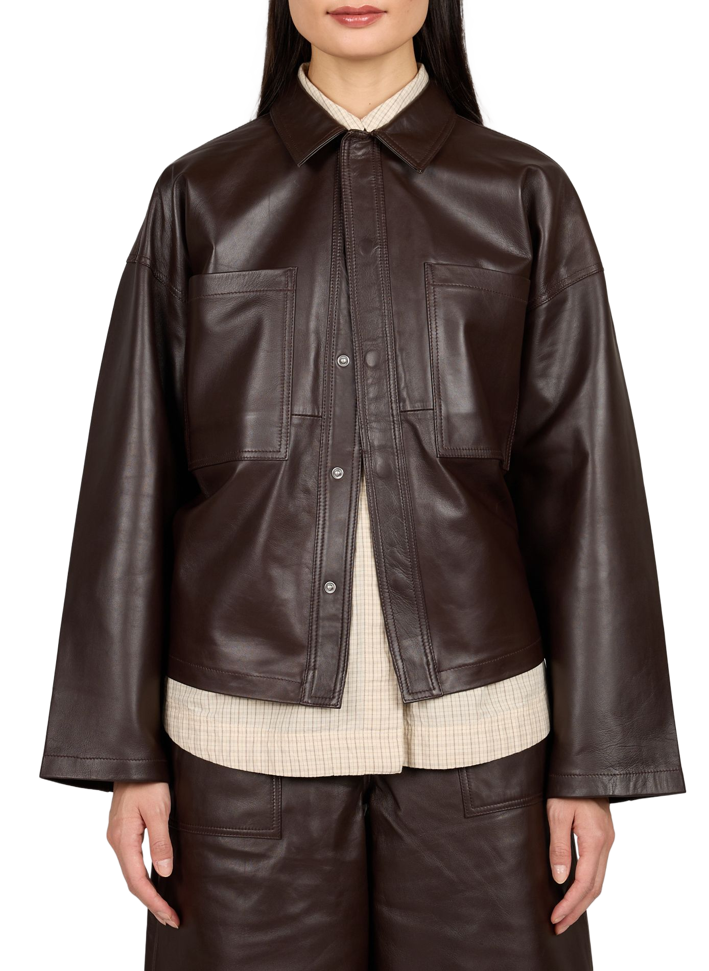 Leather jacket with classic collar ROUGE EDIT Brown