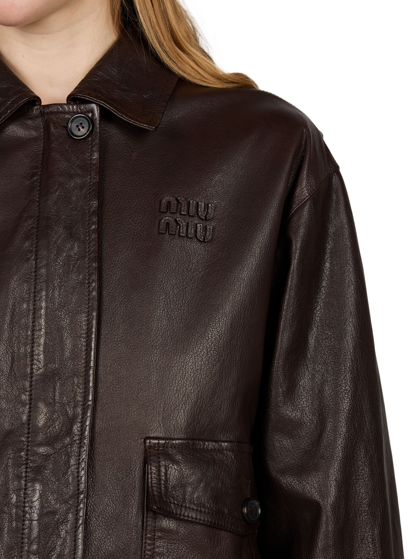 Ruimvallend leren jack MIU MIU Bruin