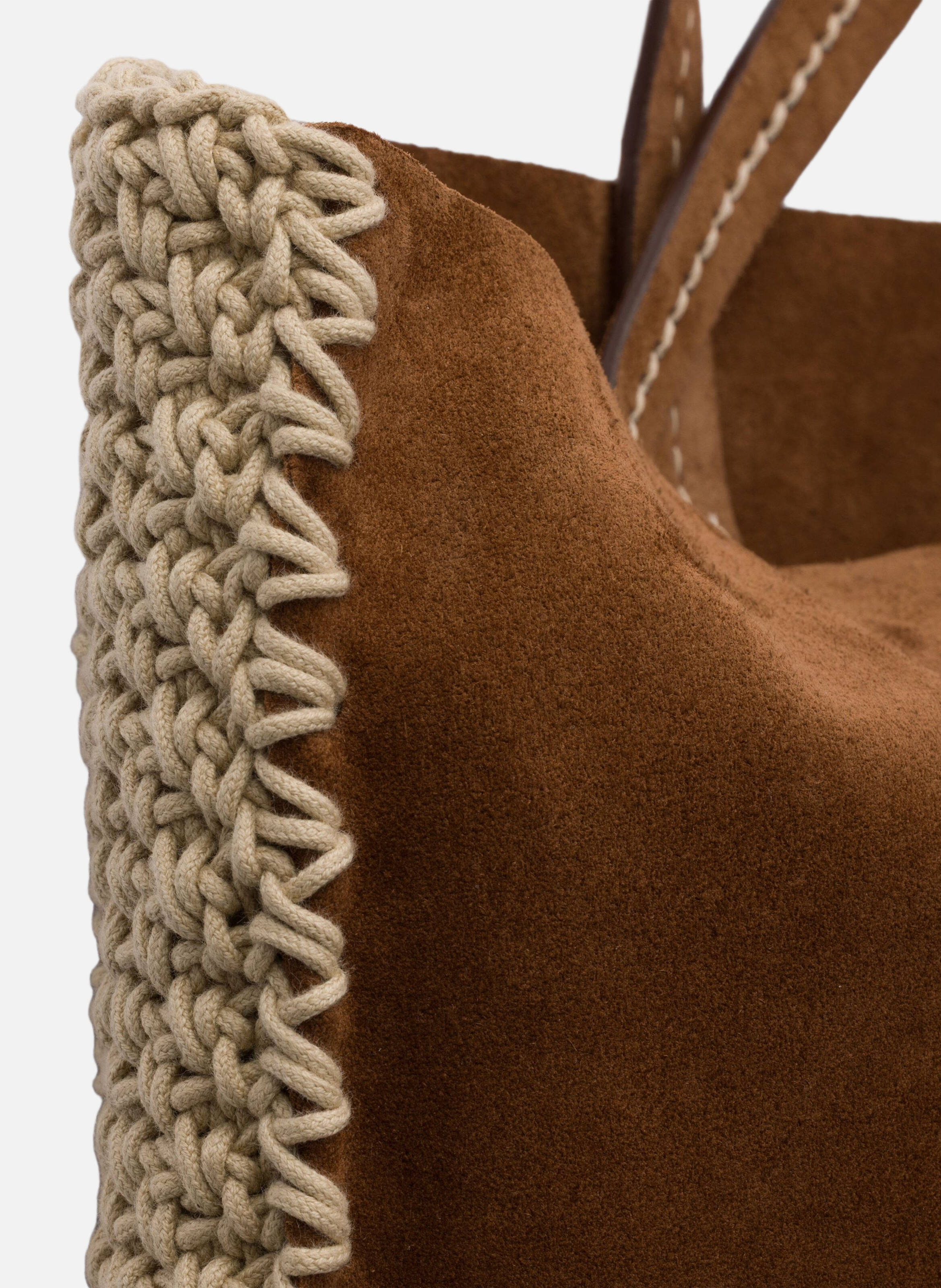 Grand cabas en daim et crochet PRADA Marron
