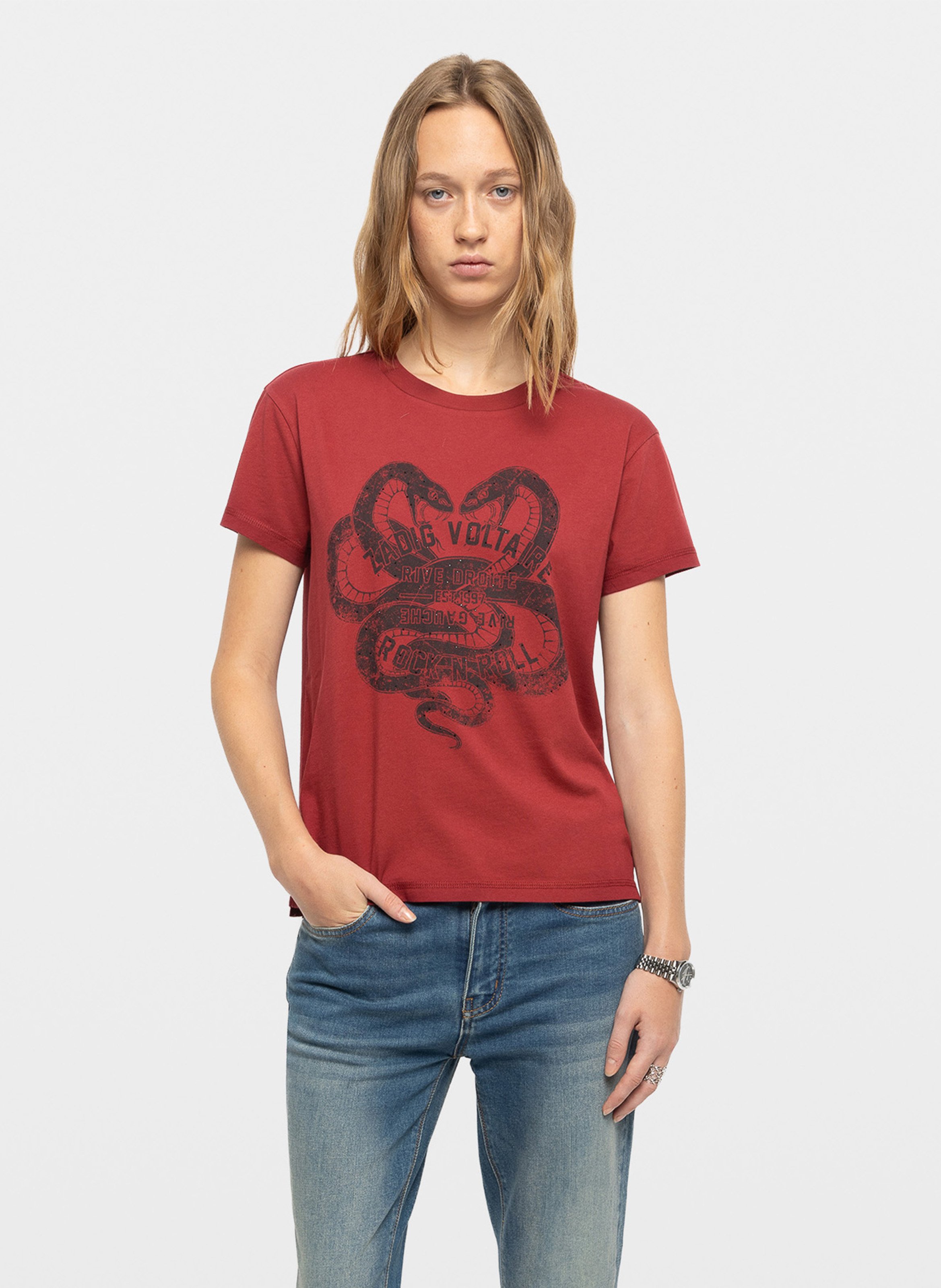 Tee-shirt droit col rond en coton walk ZADIG&VOLTAIRE Rouge