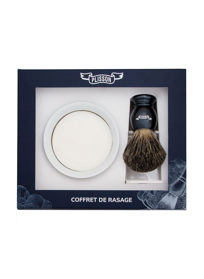 Essential 3-piece set including soap, a bowl, and a Russian grey badger brush. PLISSON