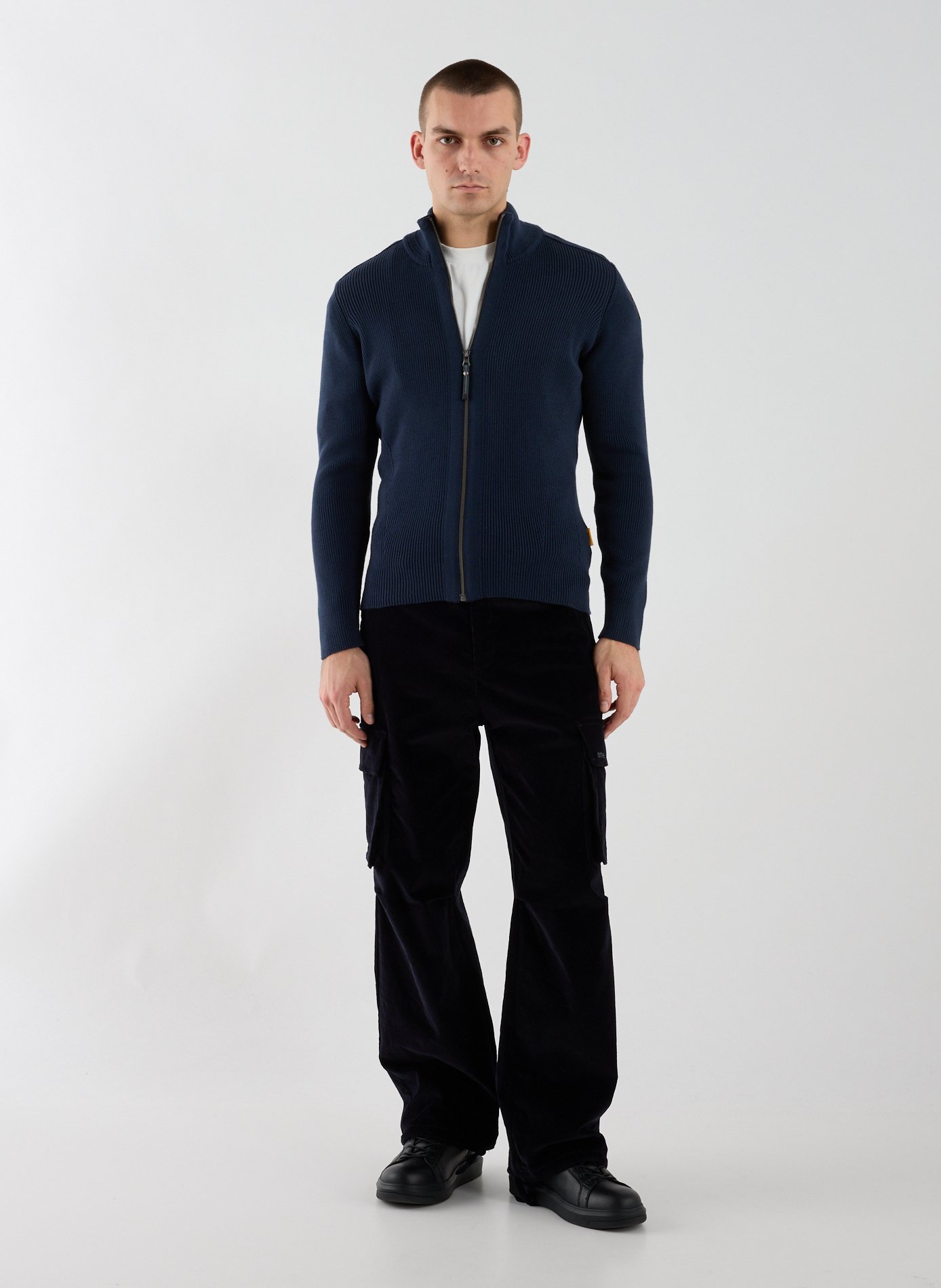 Zip-up high neck cotton blend sweater Blue