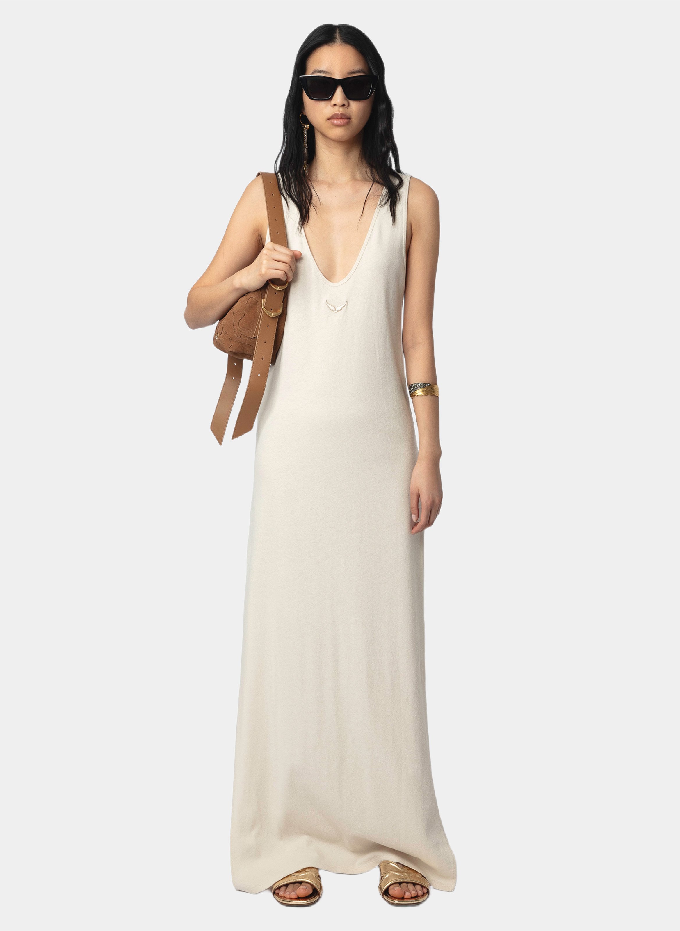 Langes Kleid mit V-Ausschnitt aus Baumwolle und Leinenmischung Deva ZADIG&VOLTAIRE Beige