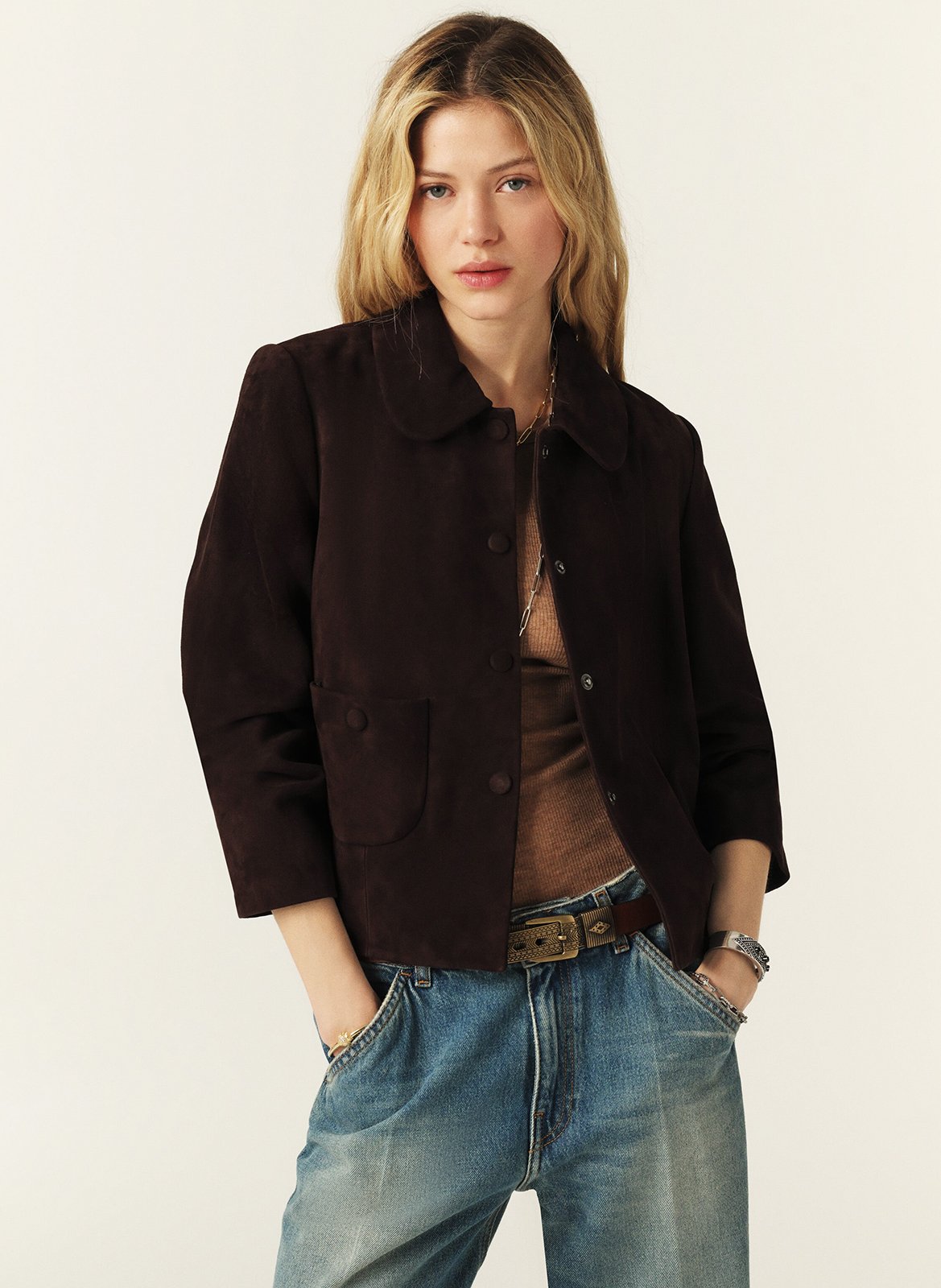 Veste courte en cuir velours milas BA&SH Marron