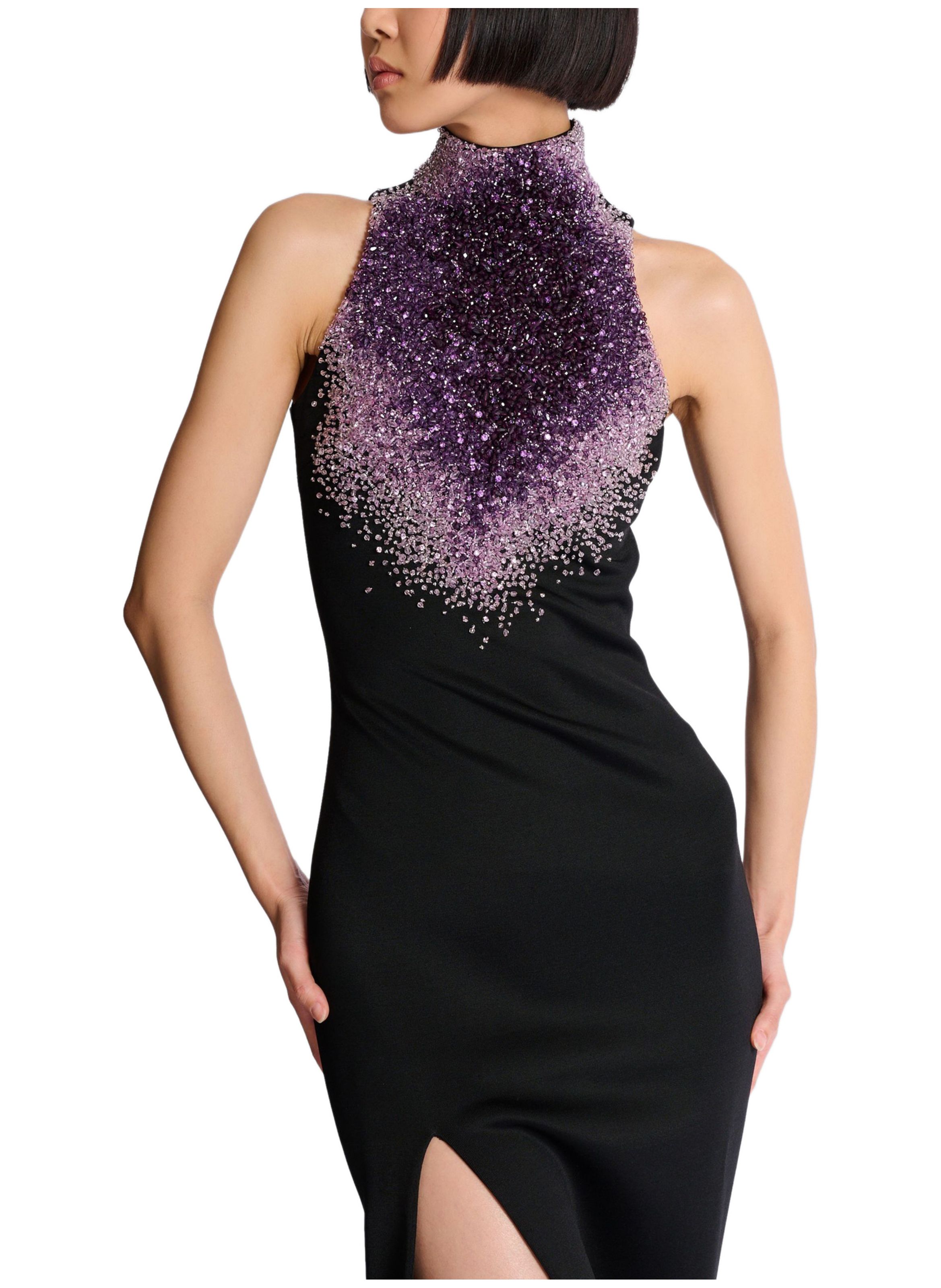 Robe dos-nu en jersey milano brodé « amethyst » BALMAIN Noir