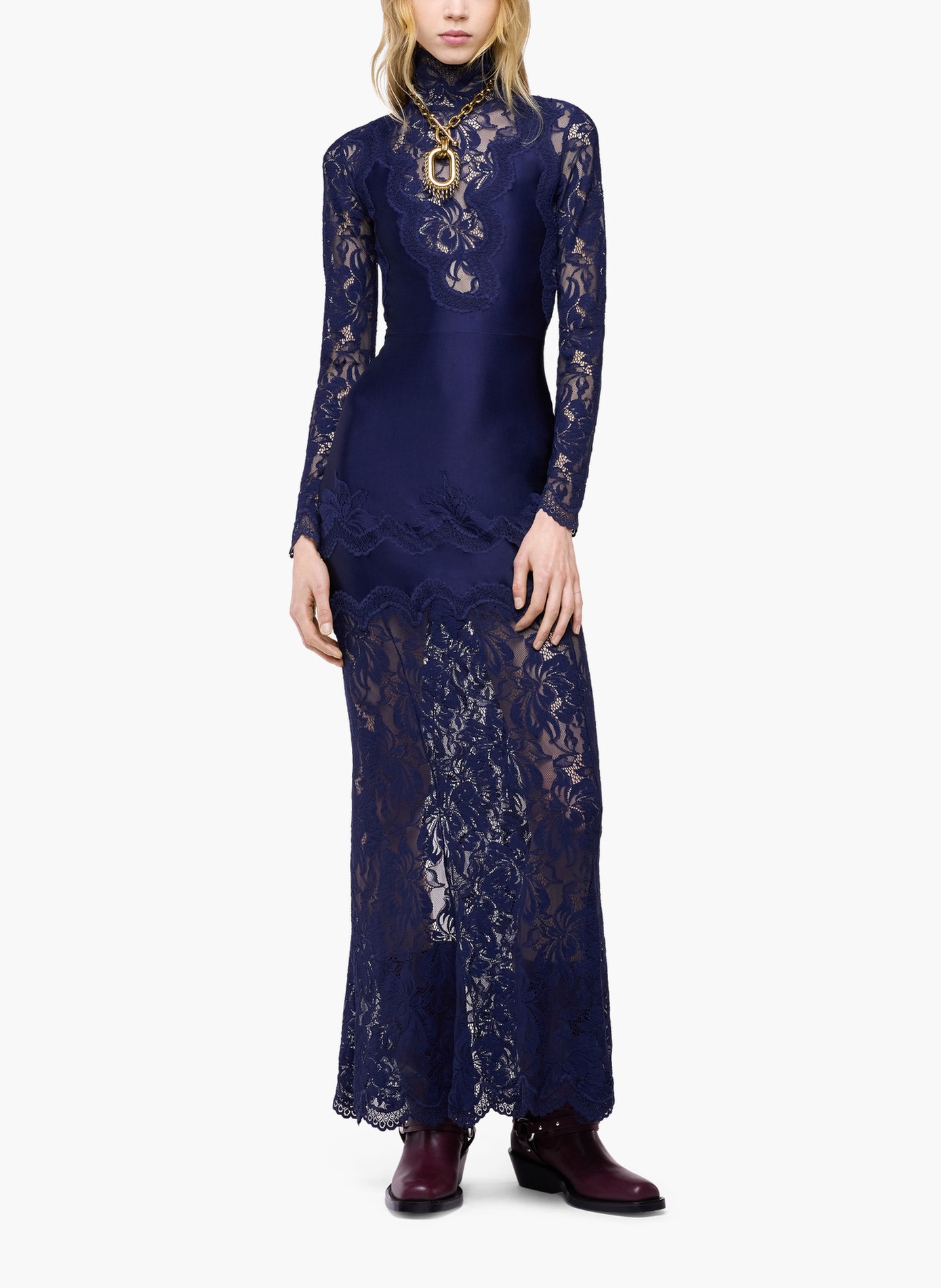 Robe longue en dentelle et jersey RABANNE Bleu