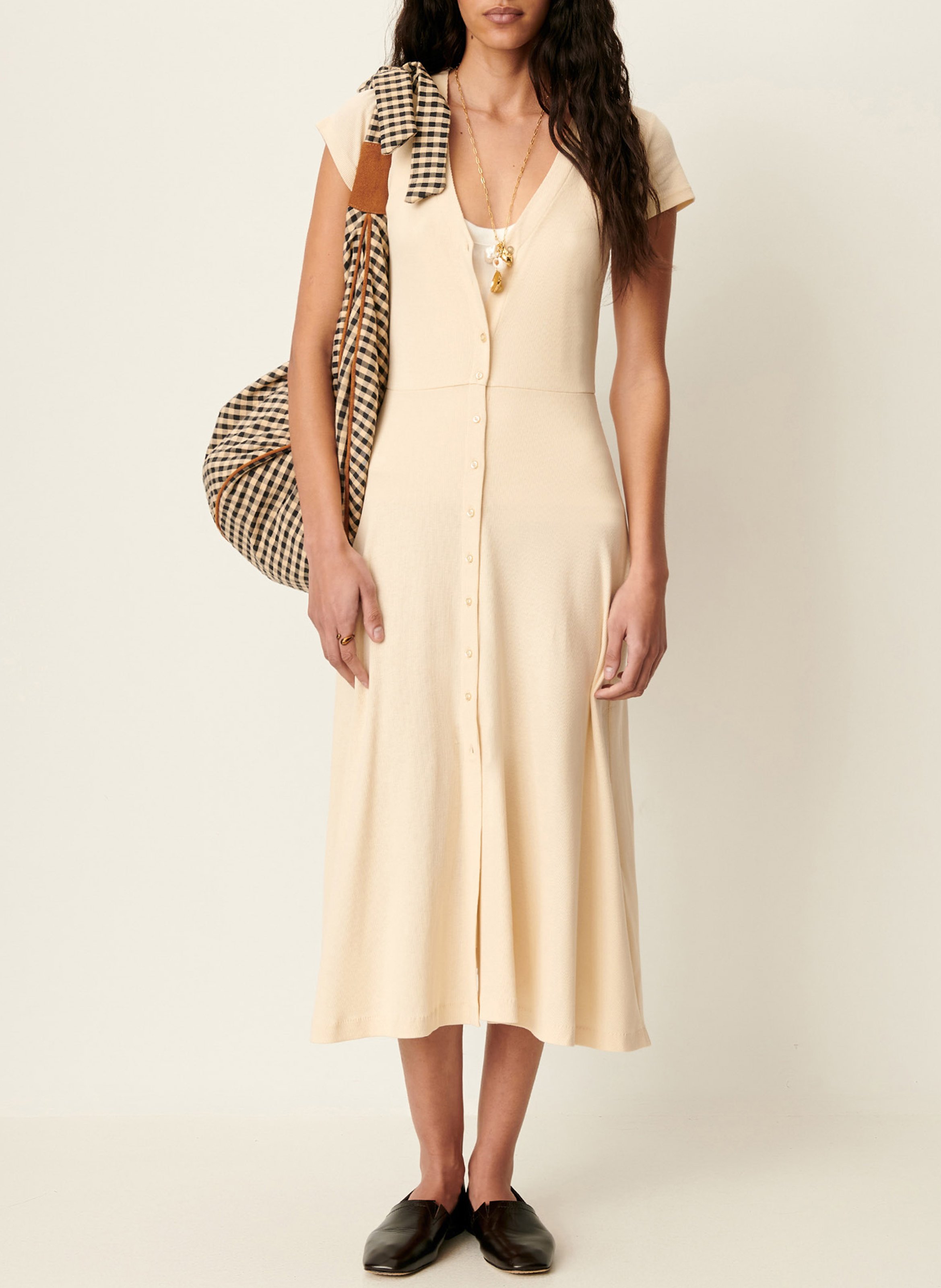 Robe midi droite encolure v en coton bio mélangé nea SESSUN Beige