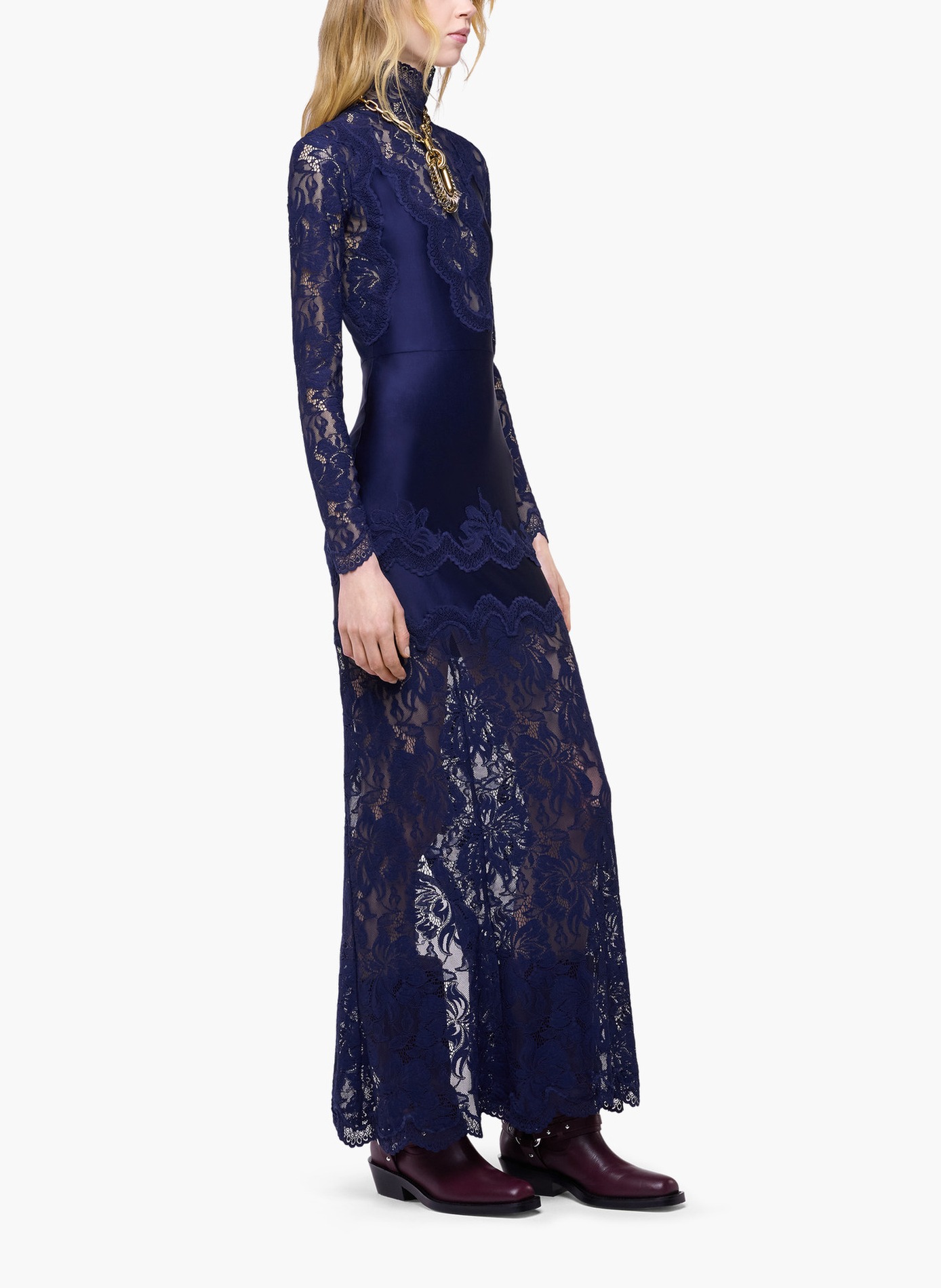Robe longue en dentelle et jersey RABANNE Bleu