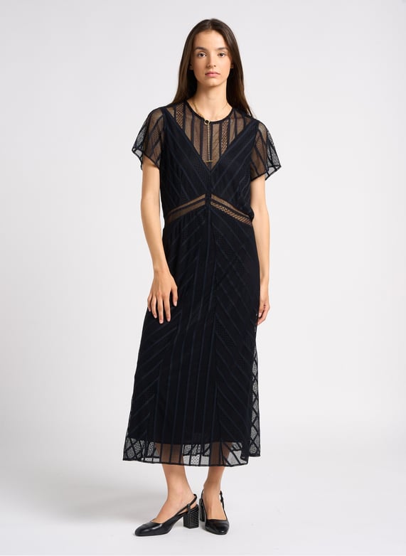 ROBE MIDI DROITE COL ROND EN DENTELLE IKKS pour FEMME Printemps