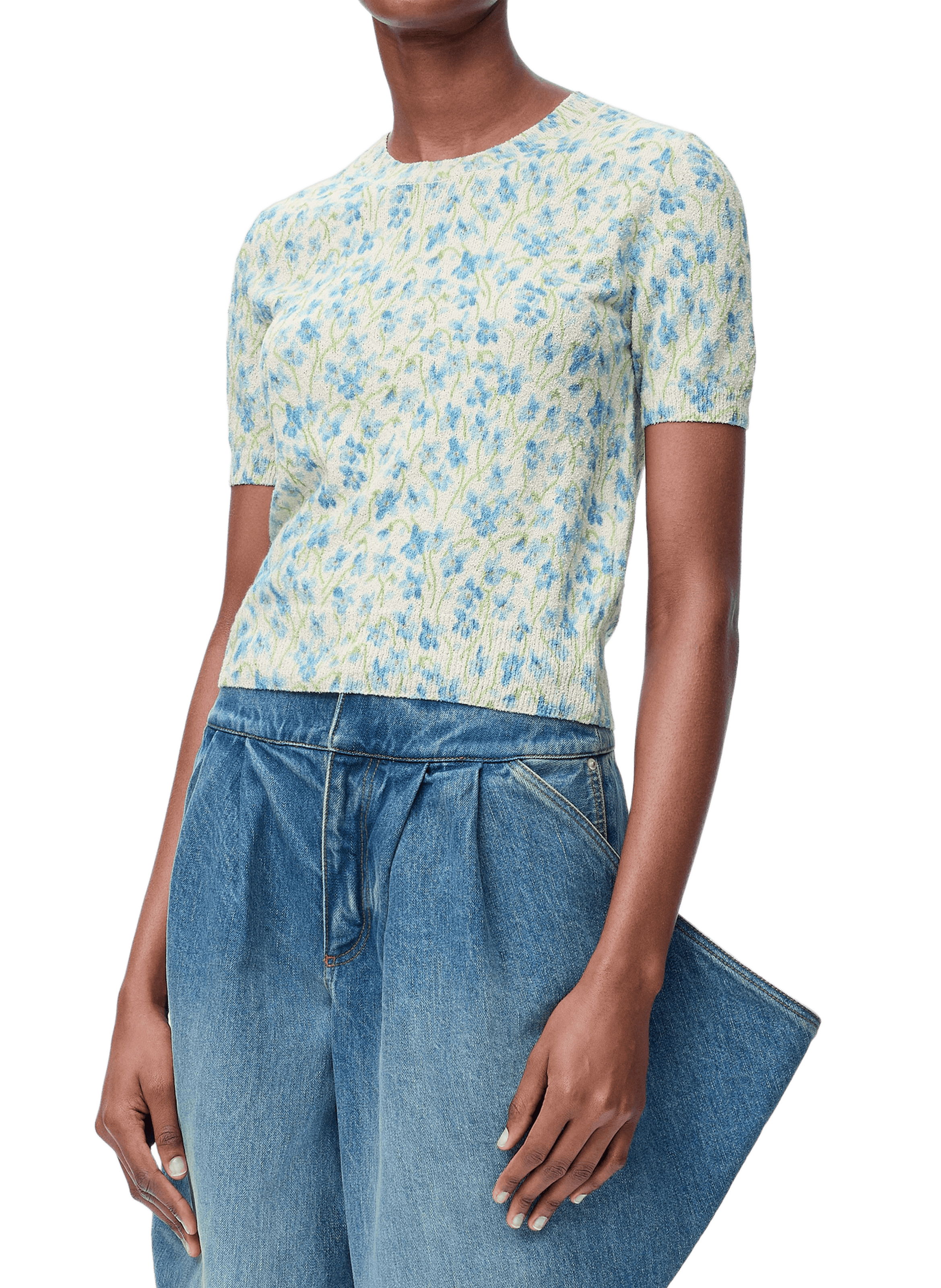 LOEWE Floral short-sleeve cotton blend sweater Blue