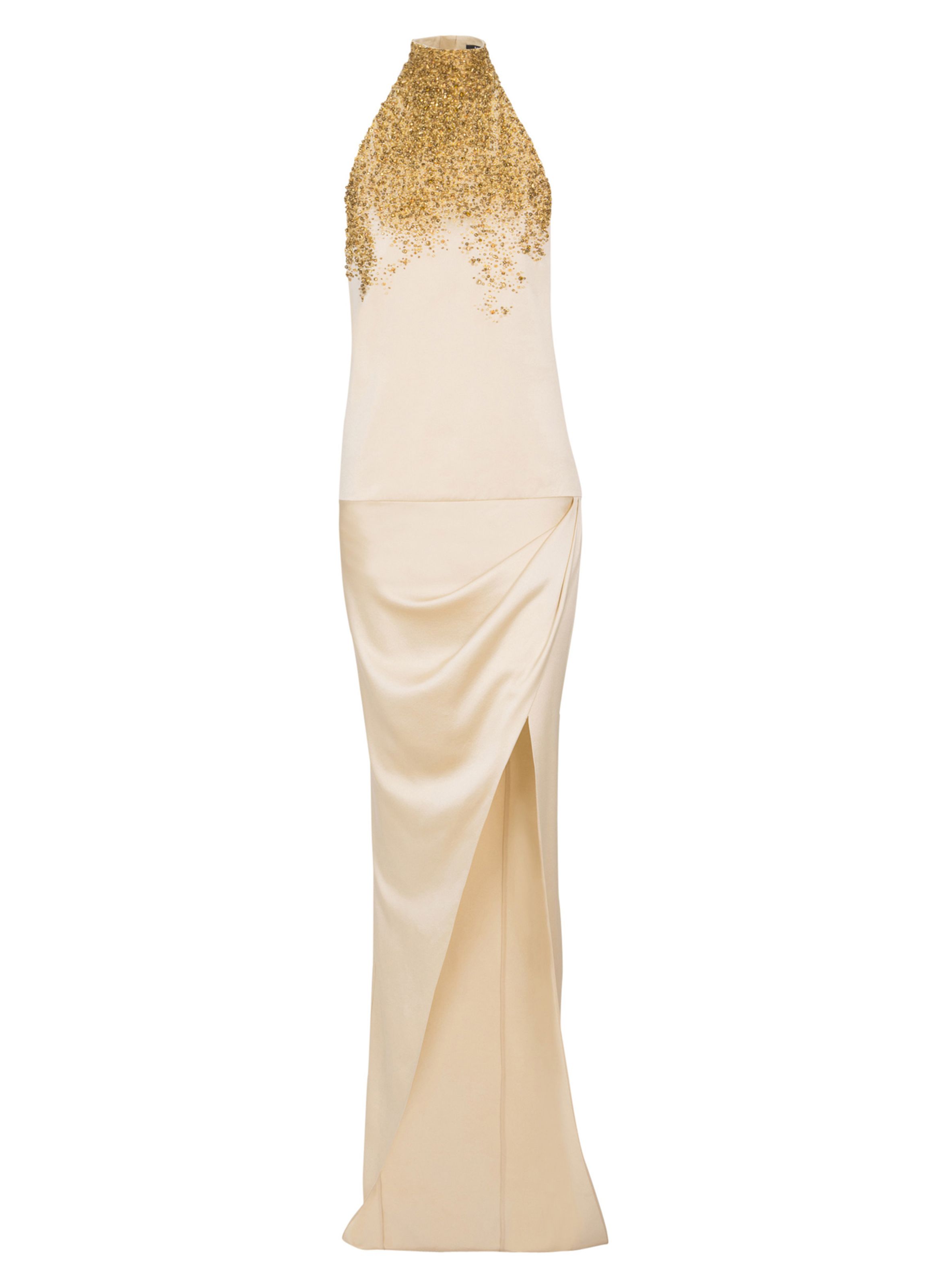 Robe dos-nu en soie brodée « sand effect » BALMAIN Beige