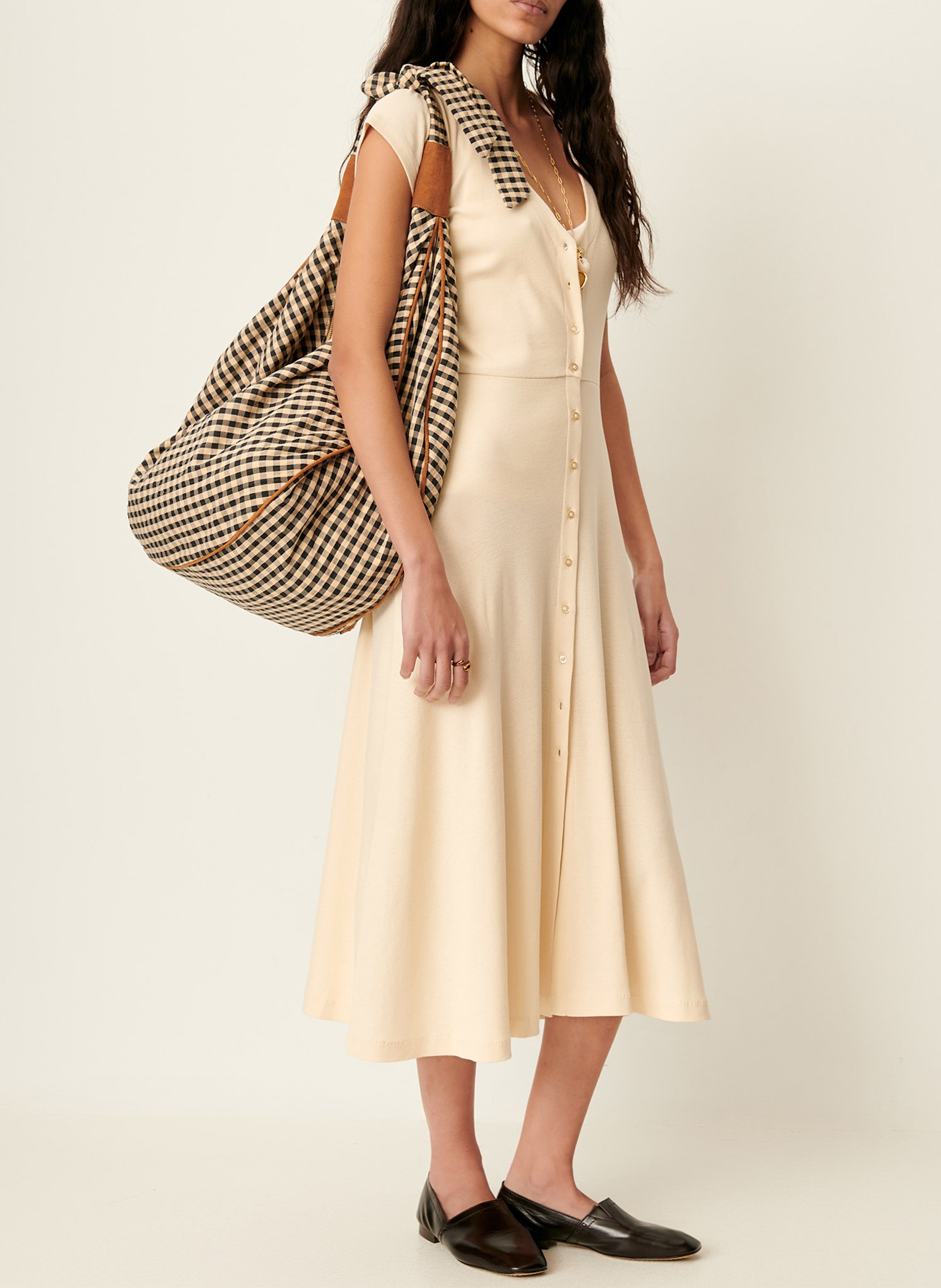 Robe midi droite encolure v en coton bio mélangé nea SESSUN Beige