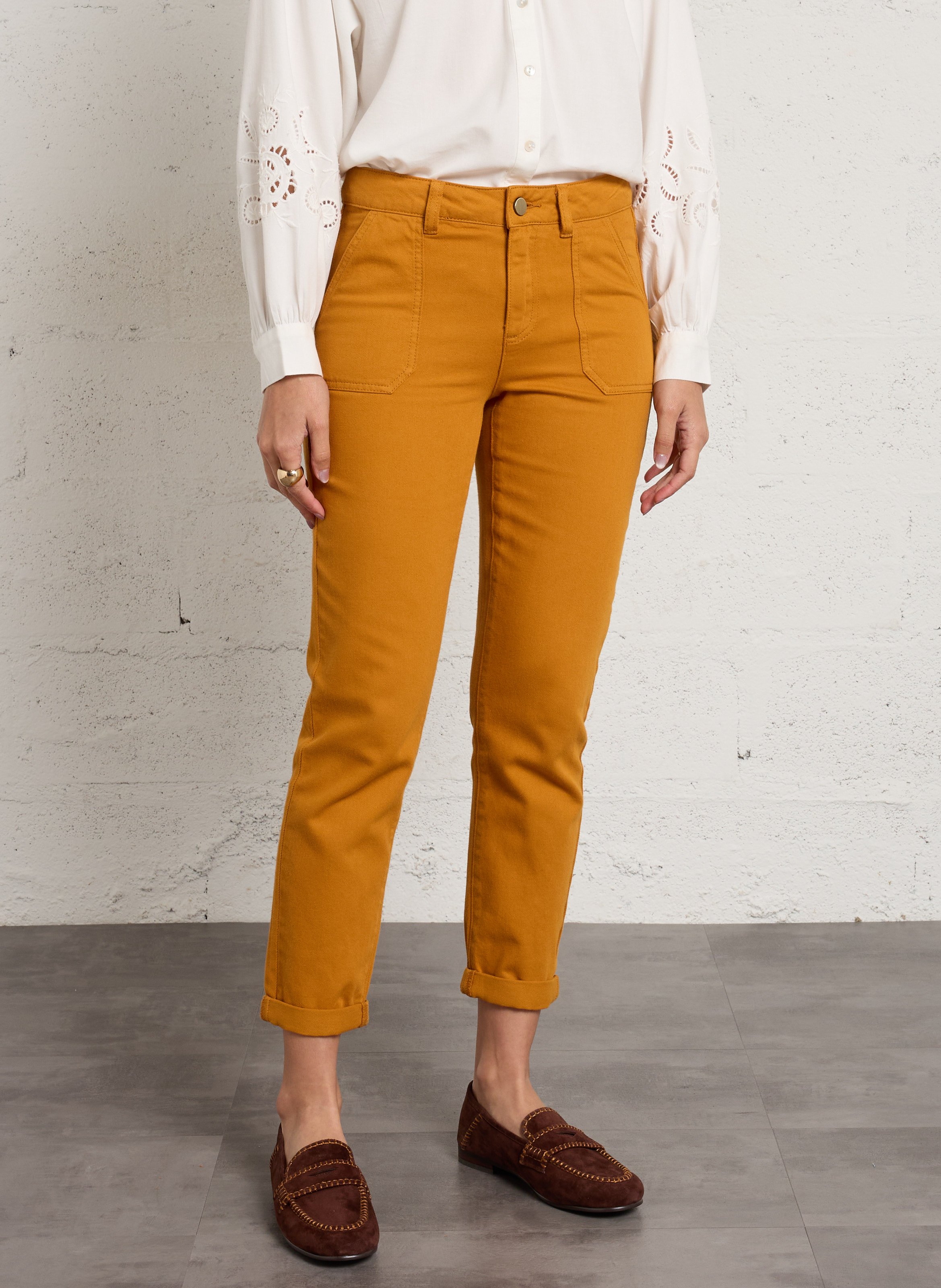 Pantalon slim taille haute en coton nalla MAISON 123 Doré