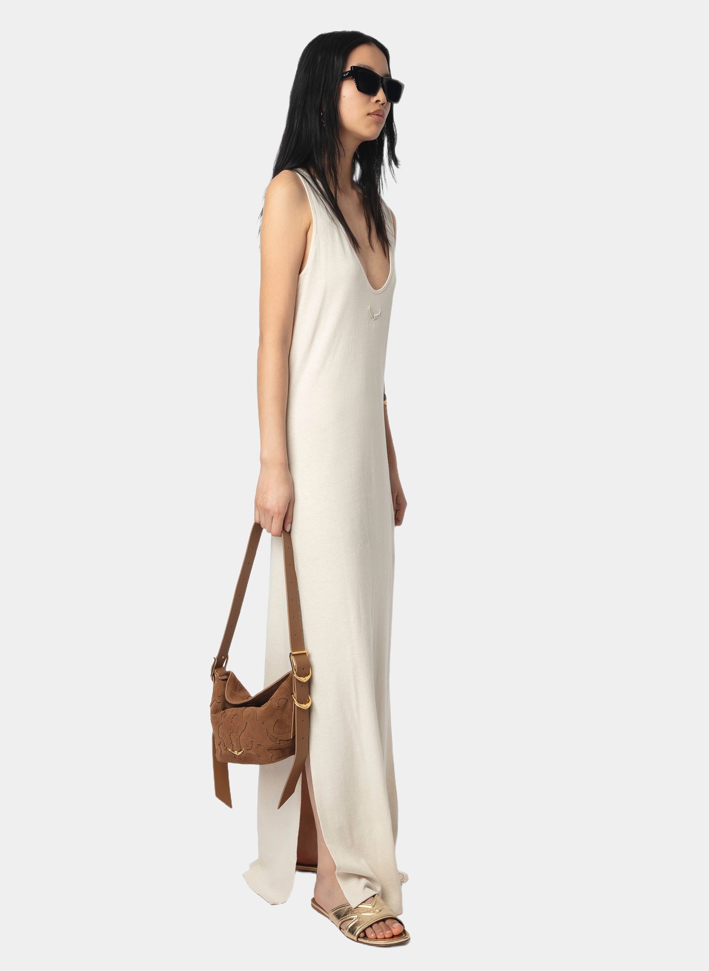 Langes Kleid mit V-Ausschnitt aus Baumwolle und Leinenmischung Deva ZADIG&VOLTAIRE Beige