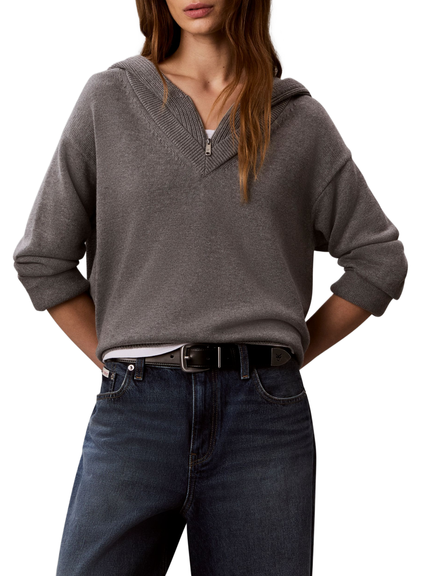 Hoodie à col zippé en maille CALVIN KLEIN Grey