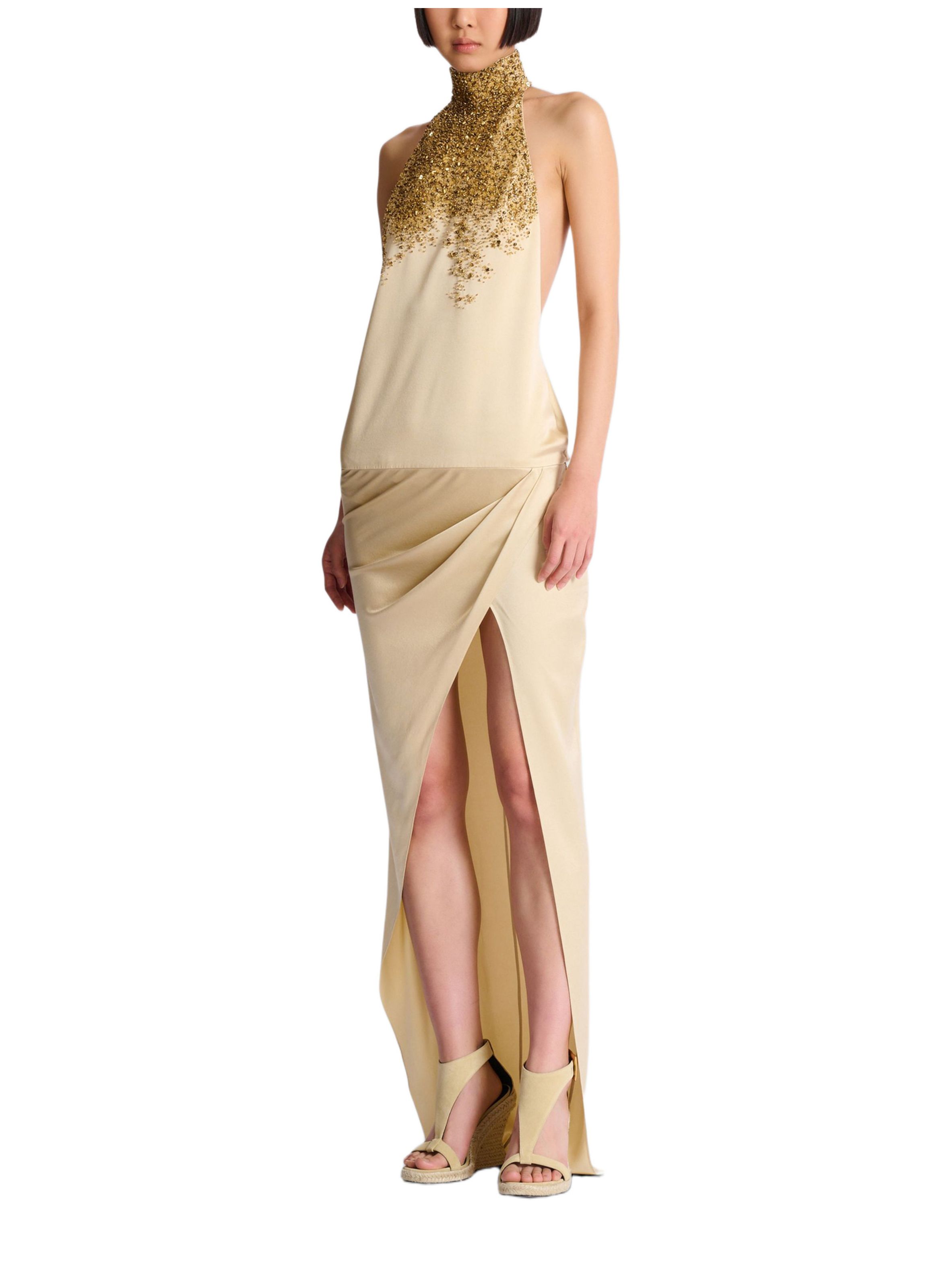 Robe dos-nu en soie brodée « sand effect » BALMAIN Beige