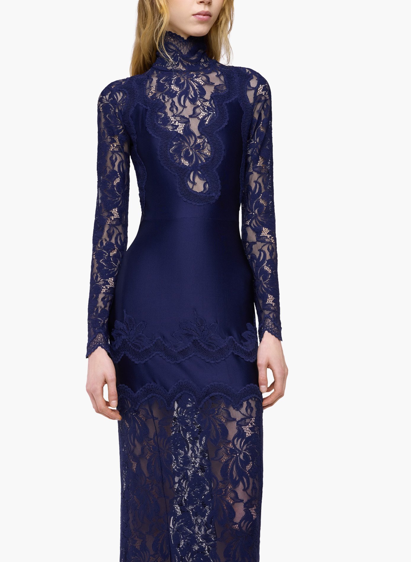 Robe longue en dentelle et jersey RABANNE Bleu
