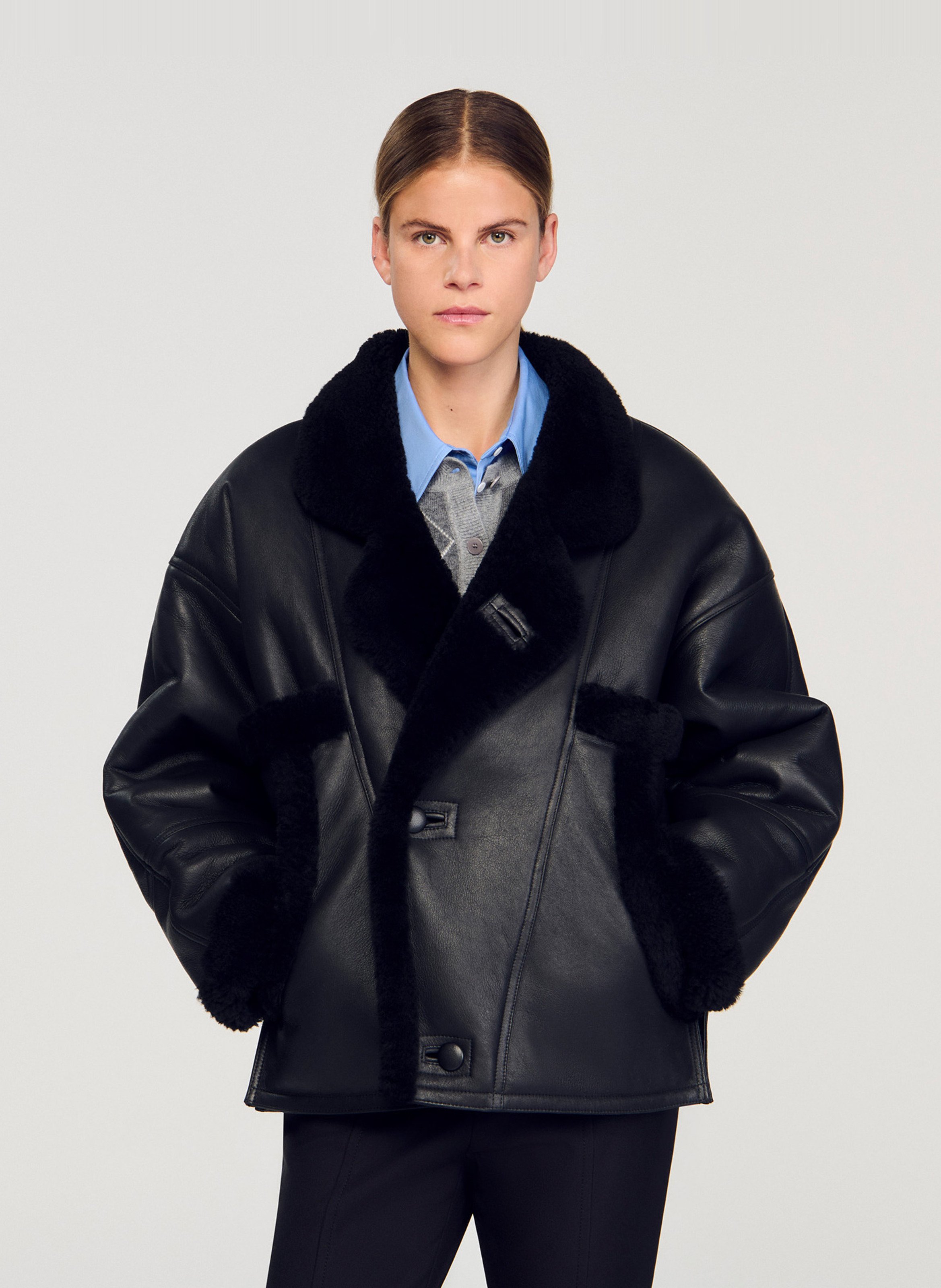 SANDRO Manteau ample boutonné en cuir Noir