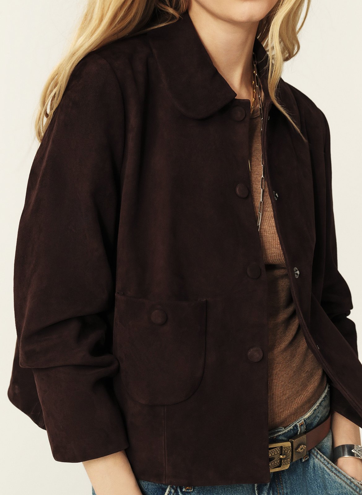 Veste courte en cuir velours milas BA&SH Marron